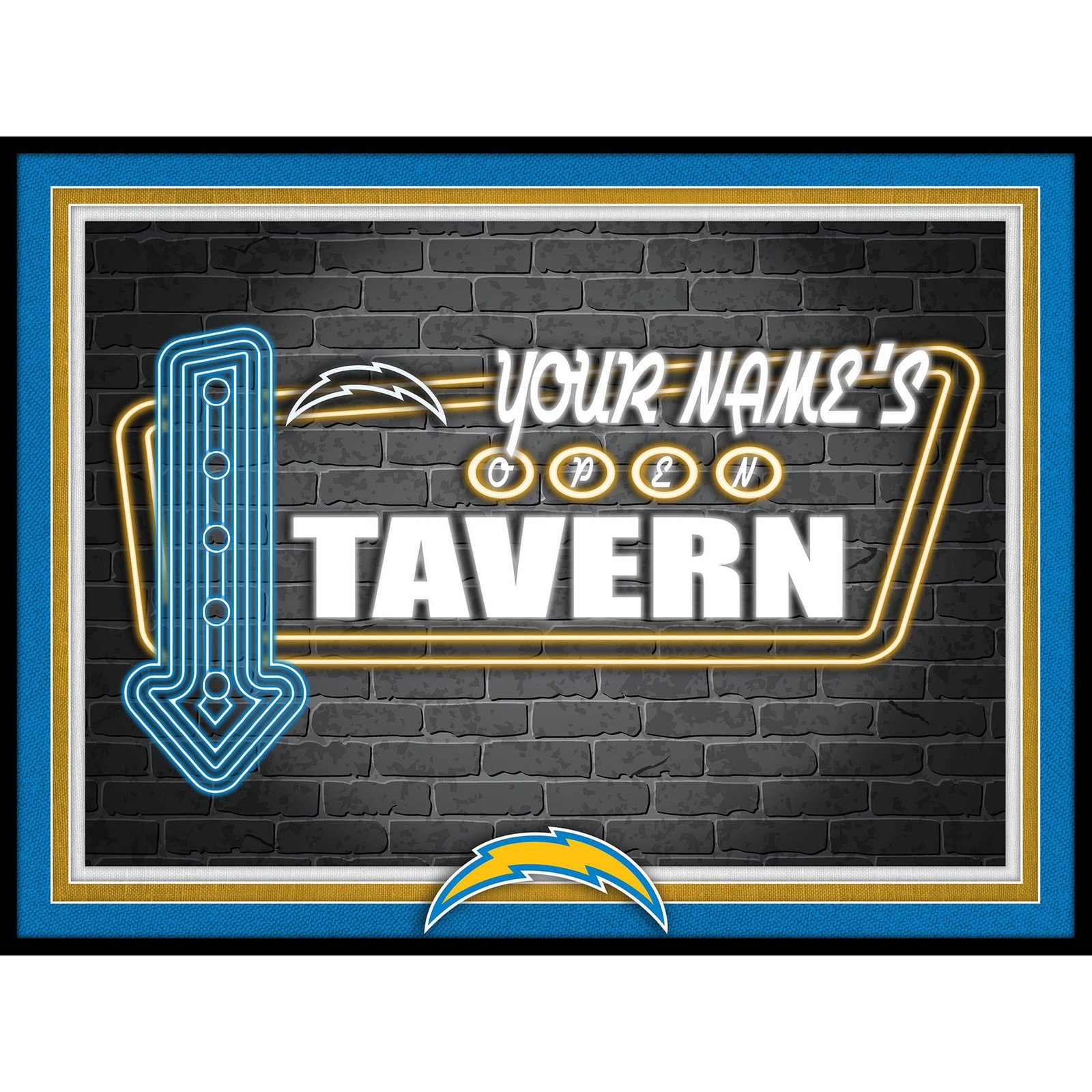 Black Los Angeles Chargers 12” x 16” Personalized Framed Neon Tavern Print