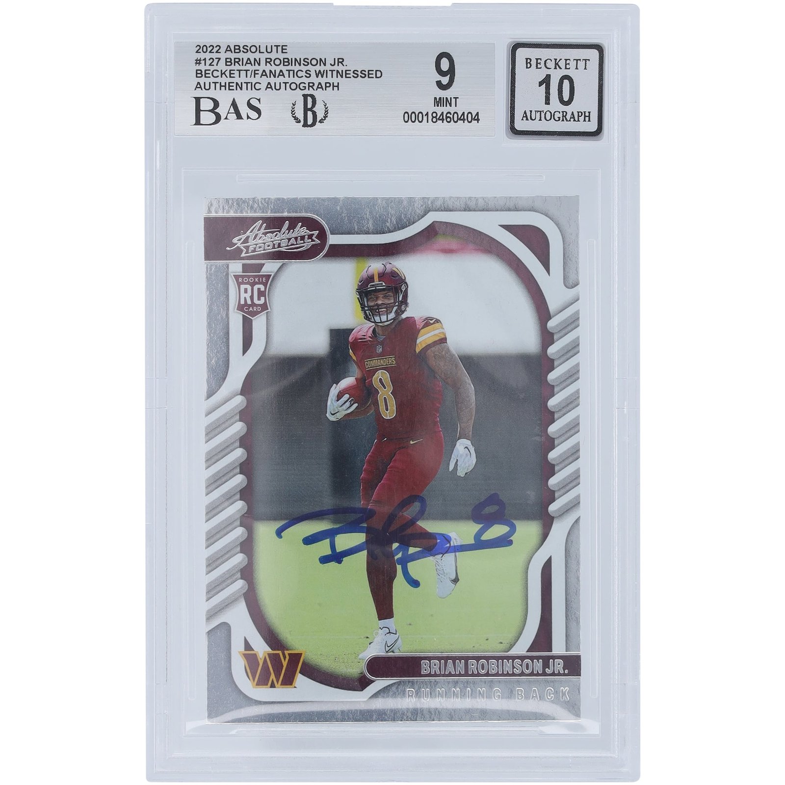 Brian Robinson Jr. Washington Commanders Autographed 2022 Panini Absolute #127 Beckett Fanatics Witnessed Authenticated 9/10 Rookie Card Brian Robinson Jr. Washington Commanders Autographed 2022 Panini Absolute #127 Beckett Fanatics Witnessed Authenticated 9/10 Rookie Card