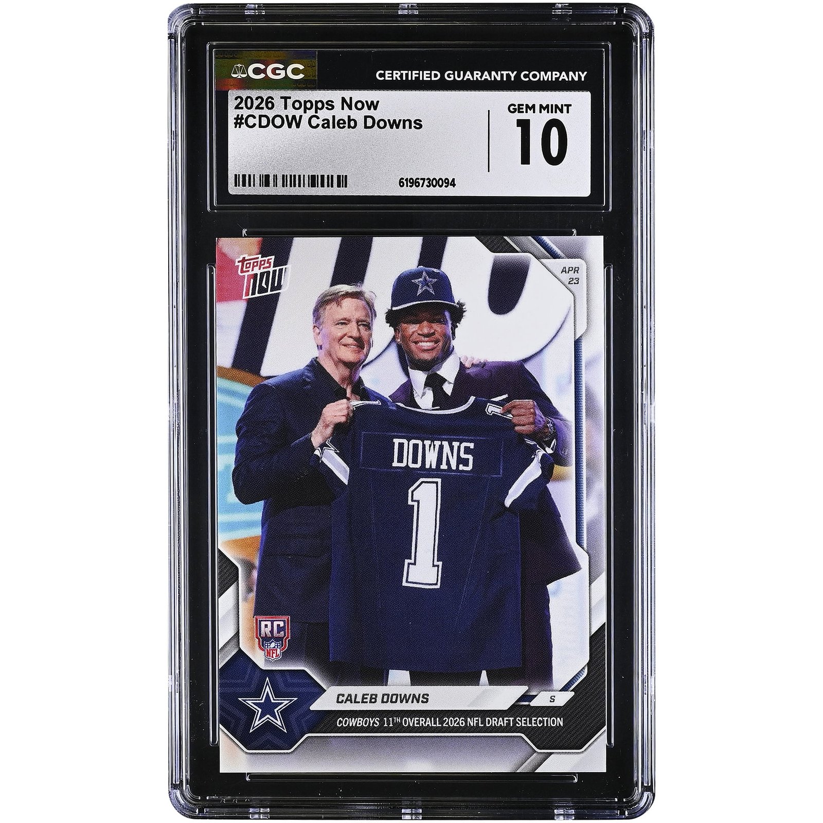 Caleb Downs Dallas Cowboys 2026 Topps Now Cowboys 11th Overall ’26 NFL Draft Selection #CDOW CGC Authenticated GEM MINT 10 Rookie Card