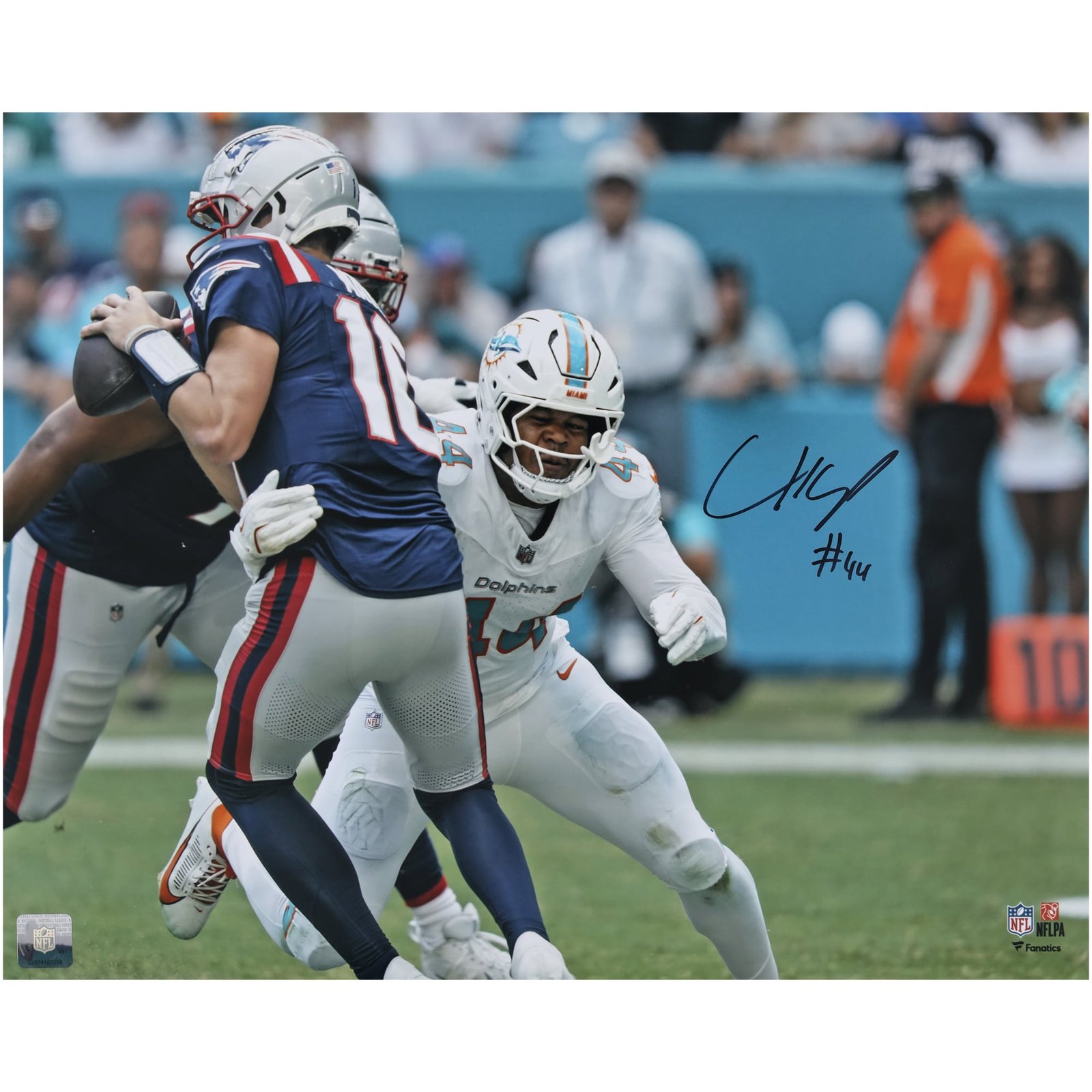 Chop Robinson Miami Dolphins Autographed “16 x 20” Sacking Drake Maye Photograph