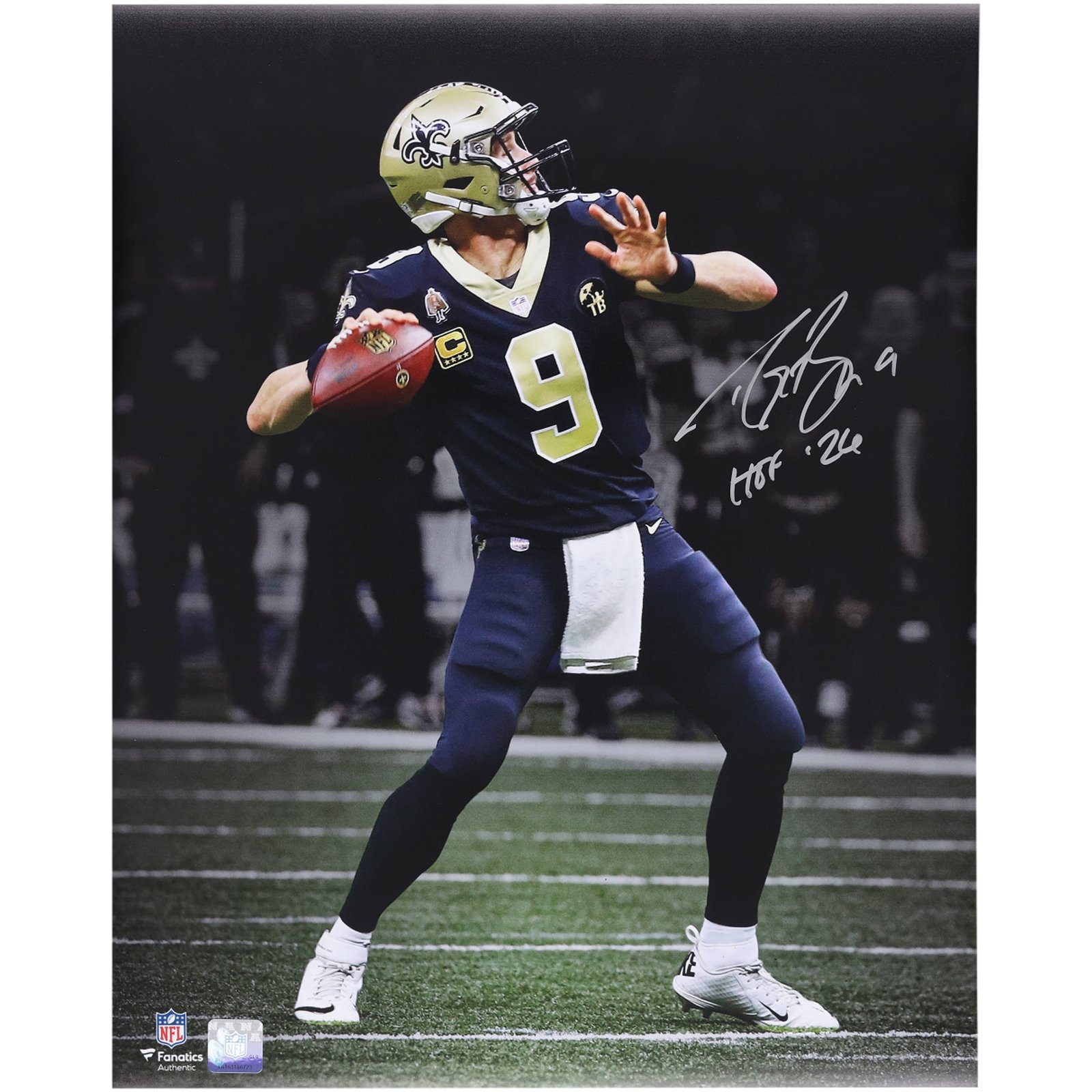Drew Brees New Orleans Saints Autographed 16″ x 20″ Passing Spotlight Photograph with “HOF 26” Inscription
