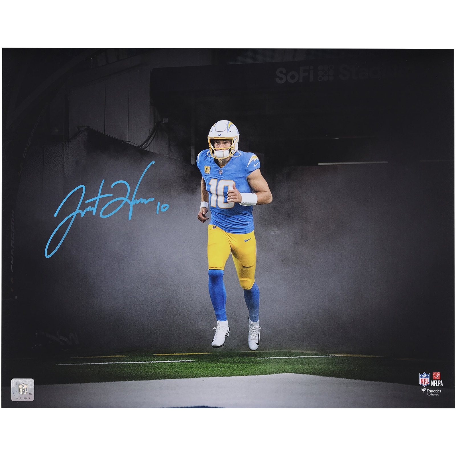 Justin Herbert Los Angeles Chargers Autographed 16″ x 20″ Smoke Entrance Spotlight Photograph