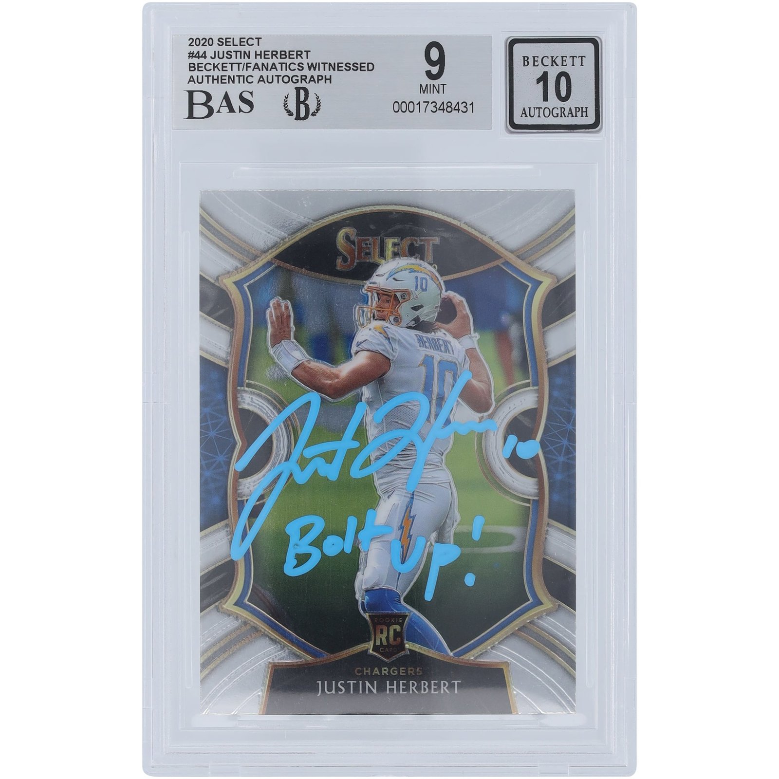 Justin Herbert Los Angeles Chargers Autographed 2020 Panini Select Light Blue Ink #44 Beckett Fanatics Witnessed Authenticated 9/10 Rookie Card with “Bolt Up!” Inscription