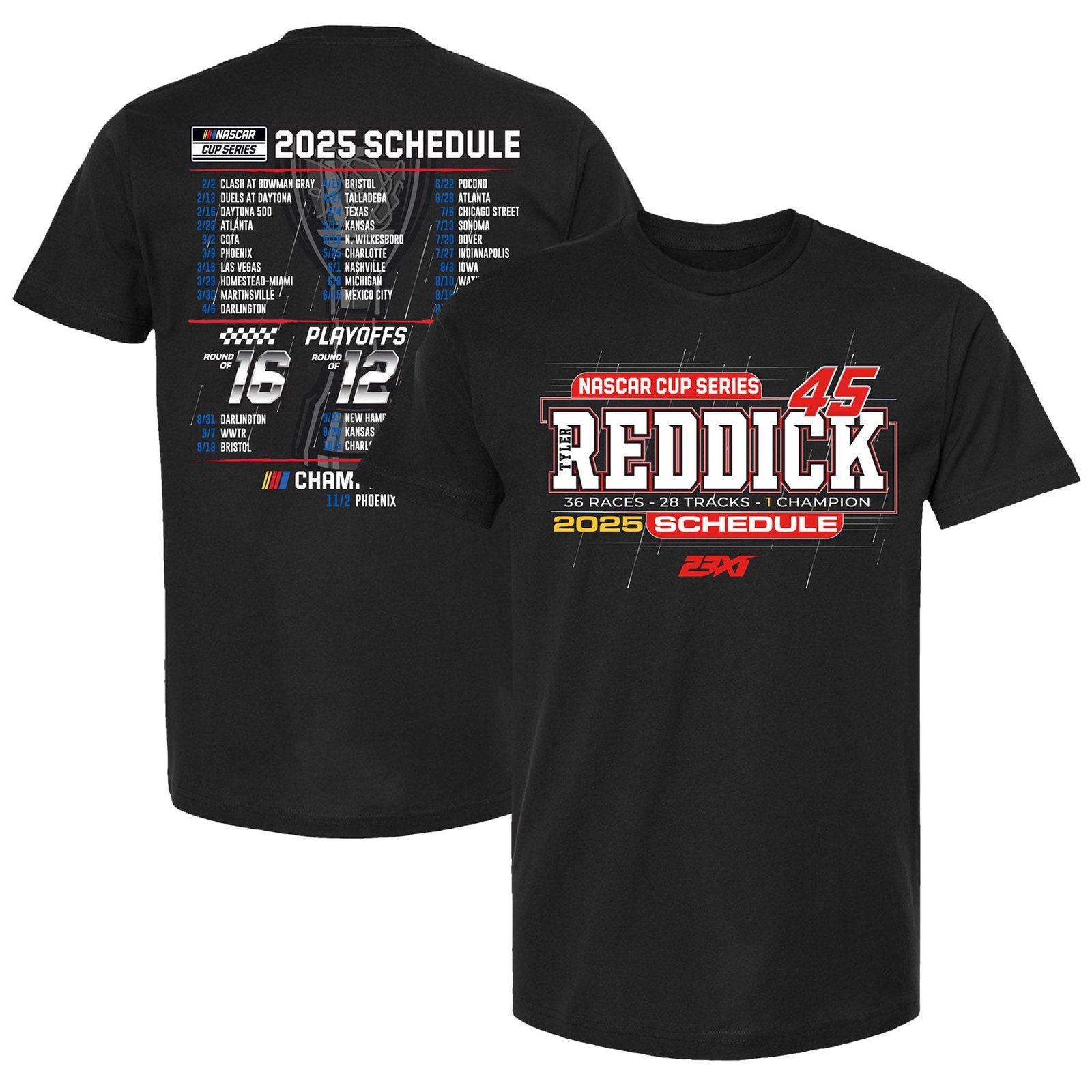 Men’s 23XI Racing Black Tyler Reddick 2025 NASCAR Cup Series Schedule T-Shirt