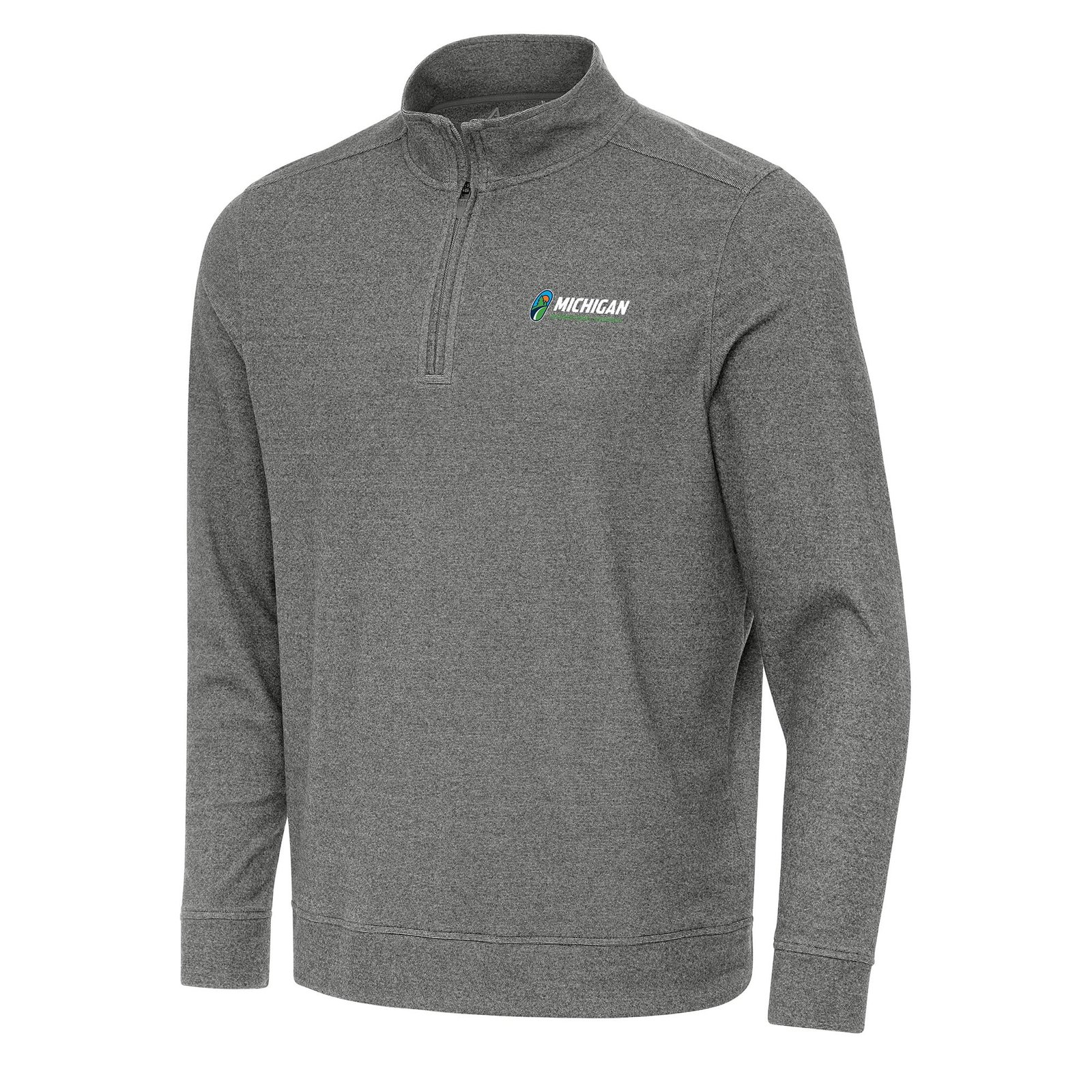 Men’s Antigua Heather Black Michigan International Speedway Subtle 1/4 Zip Pullover Direct to Film