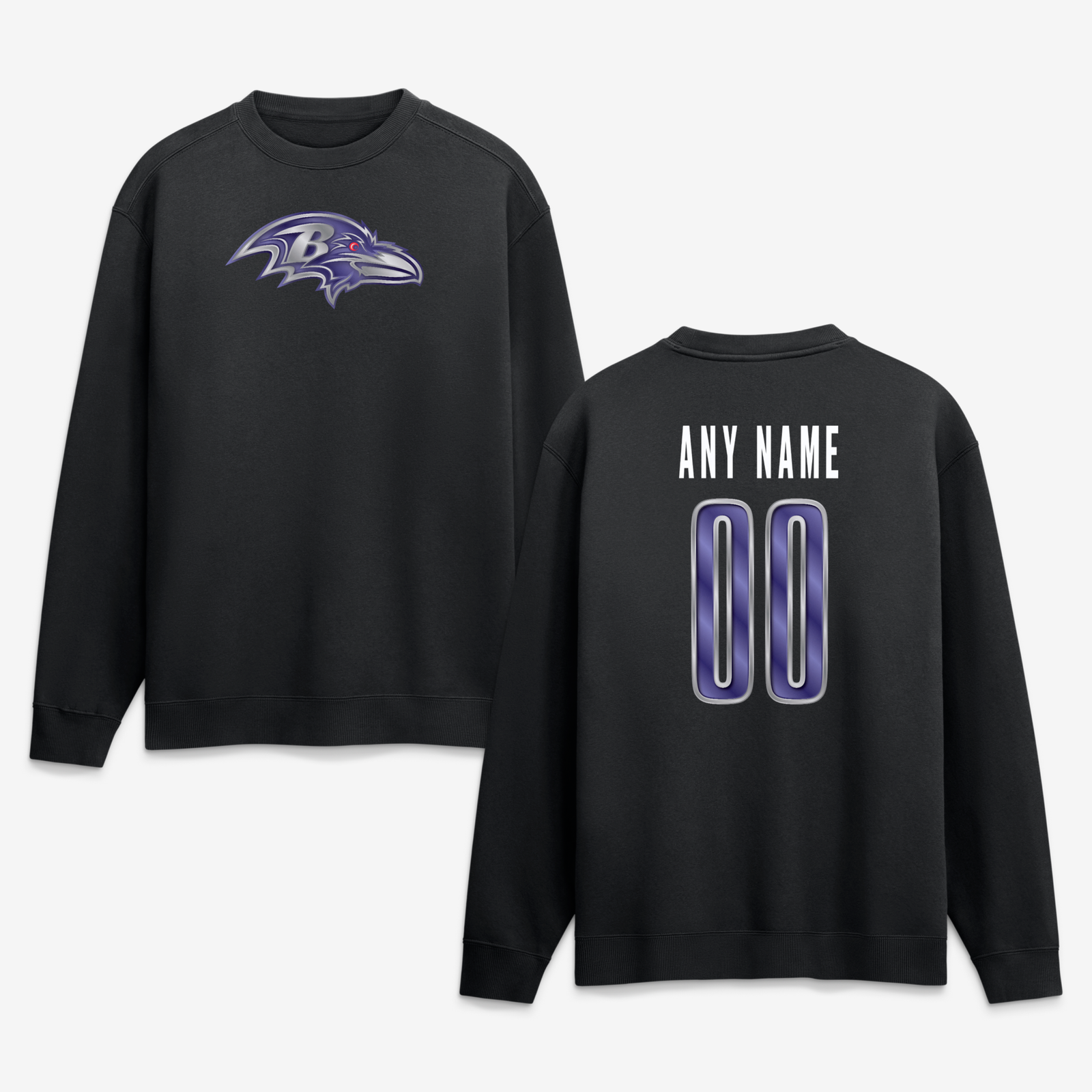 Men’s Black Baltimore Ravens Metallic Mascot Personalized Name & Number Sweatshirt