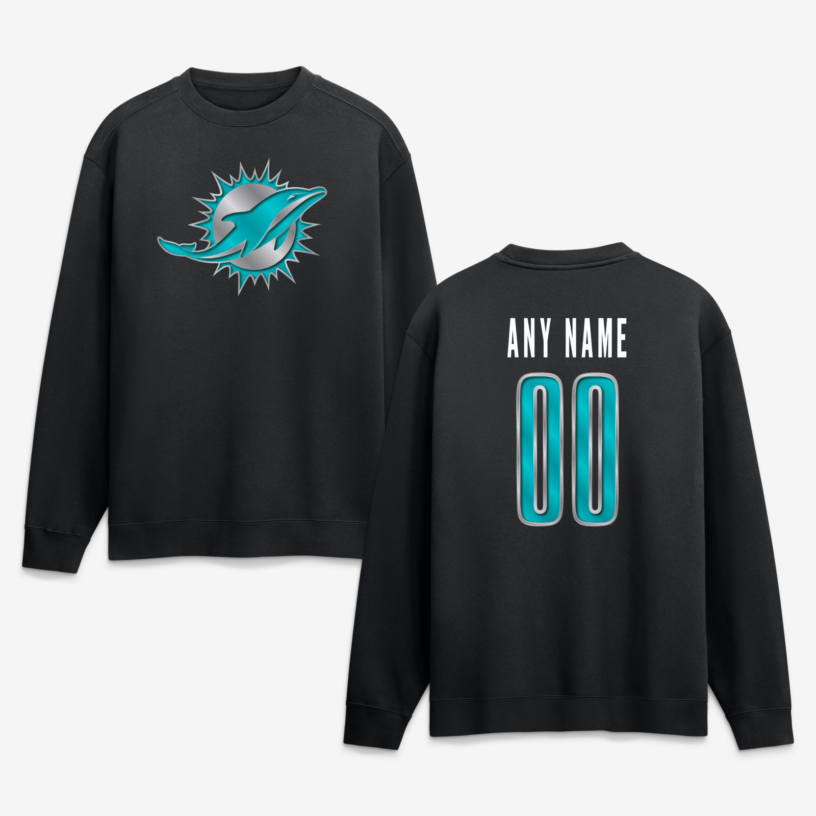 Men’s Black Miami Dolphins Metallic Mascot Personalized Name & Number Sweatshirt