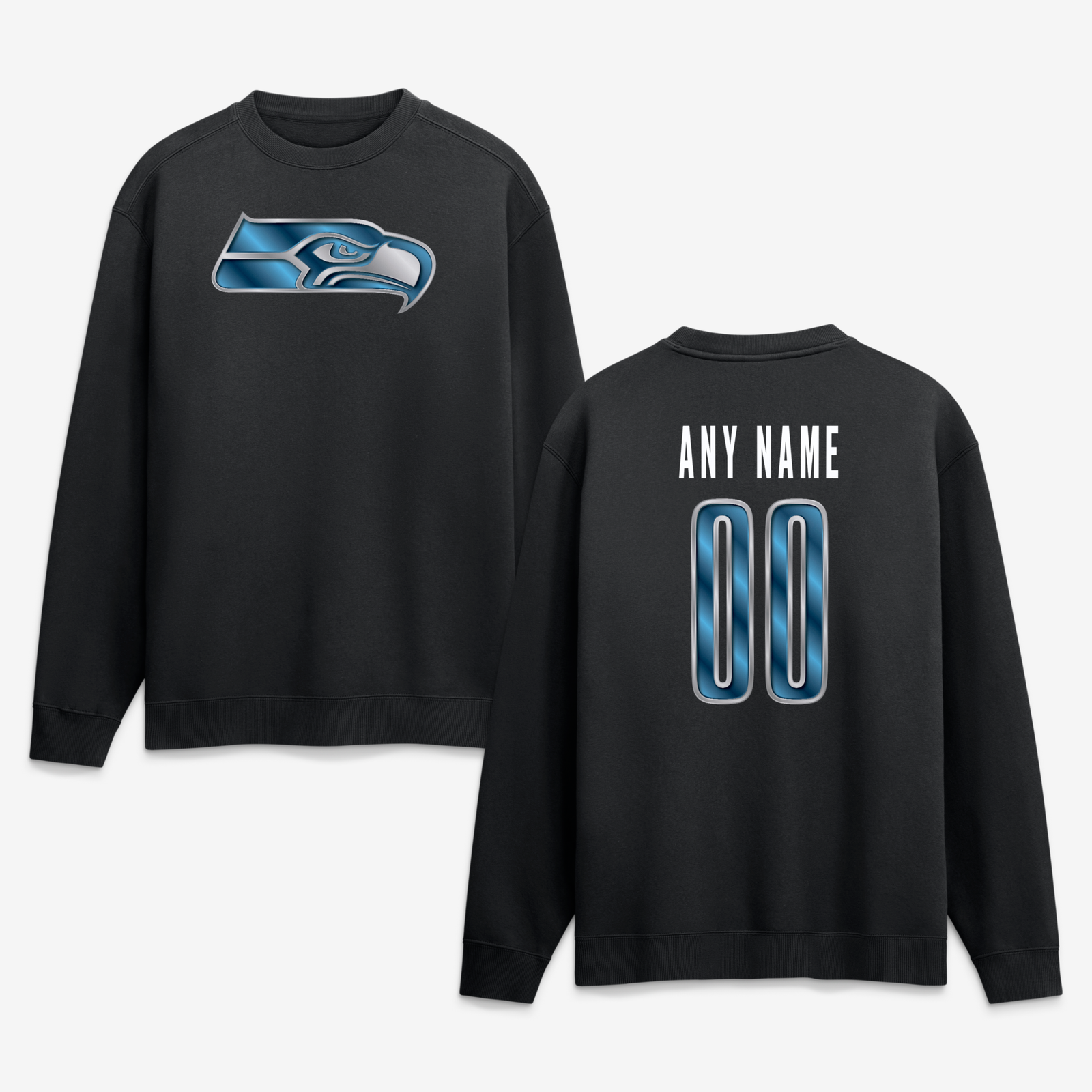 Men’s Black Seattle Seahawks Metallic Mascot Personalized Name & Number Sweatshirt