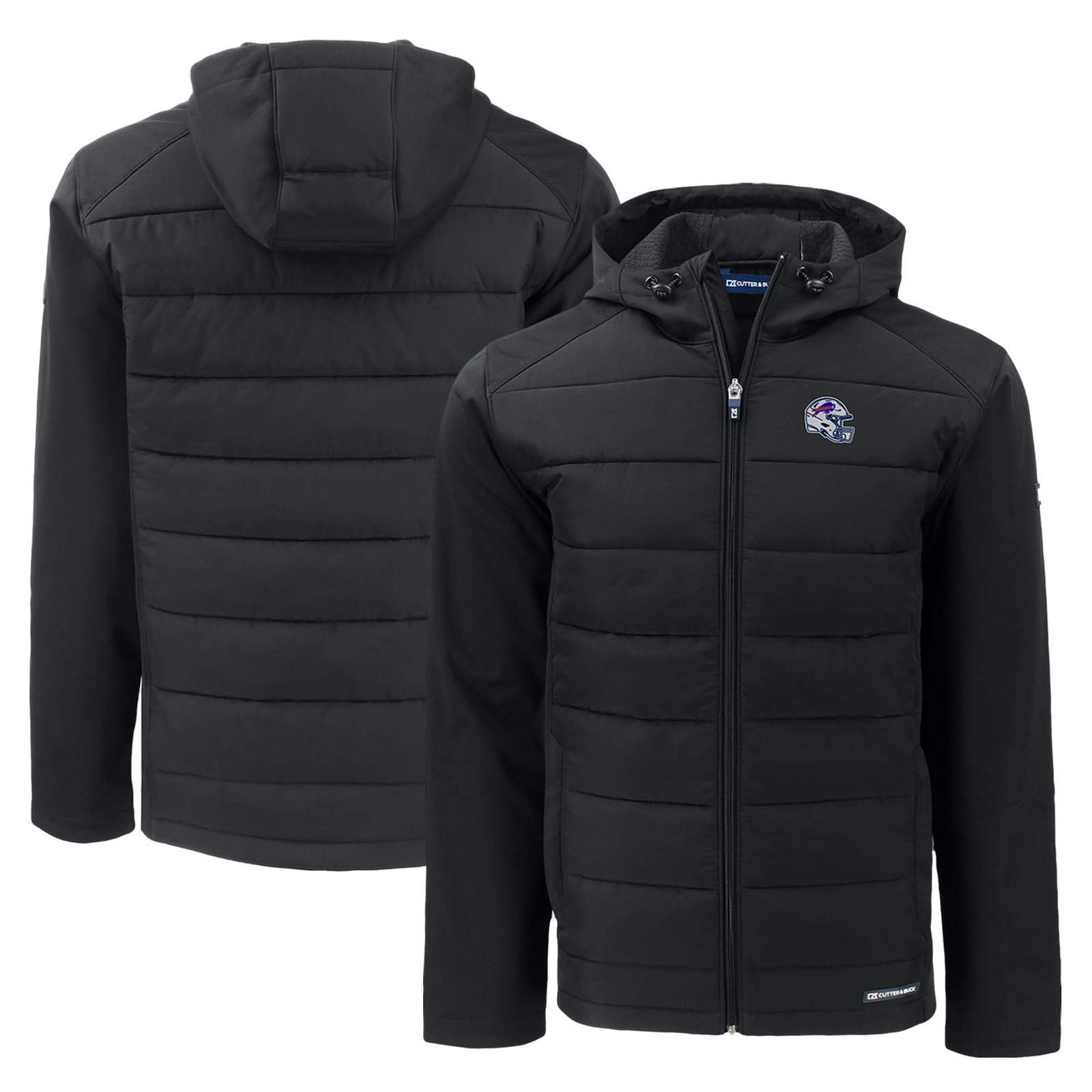 Men’s Cutter & Buck Black Buffalo Bills Helmet Evoke Hybrid Eco Softshell Recycled Full-Zip Hoodie Jacket