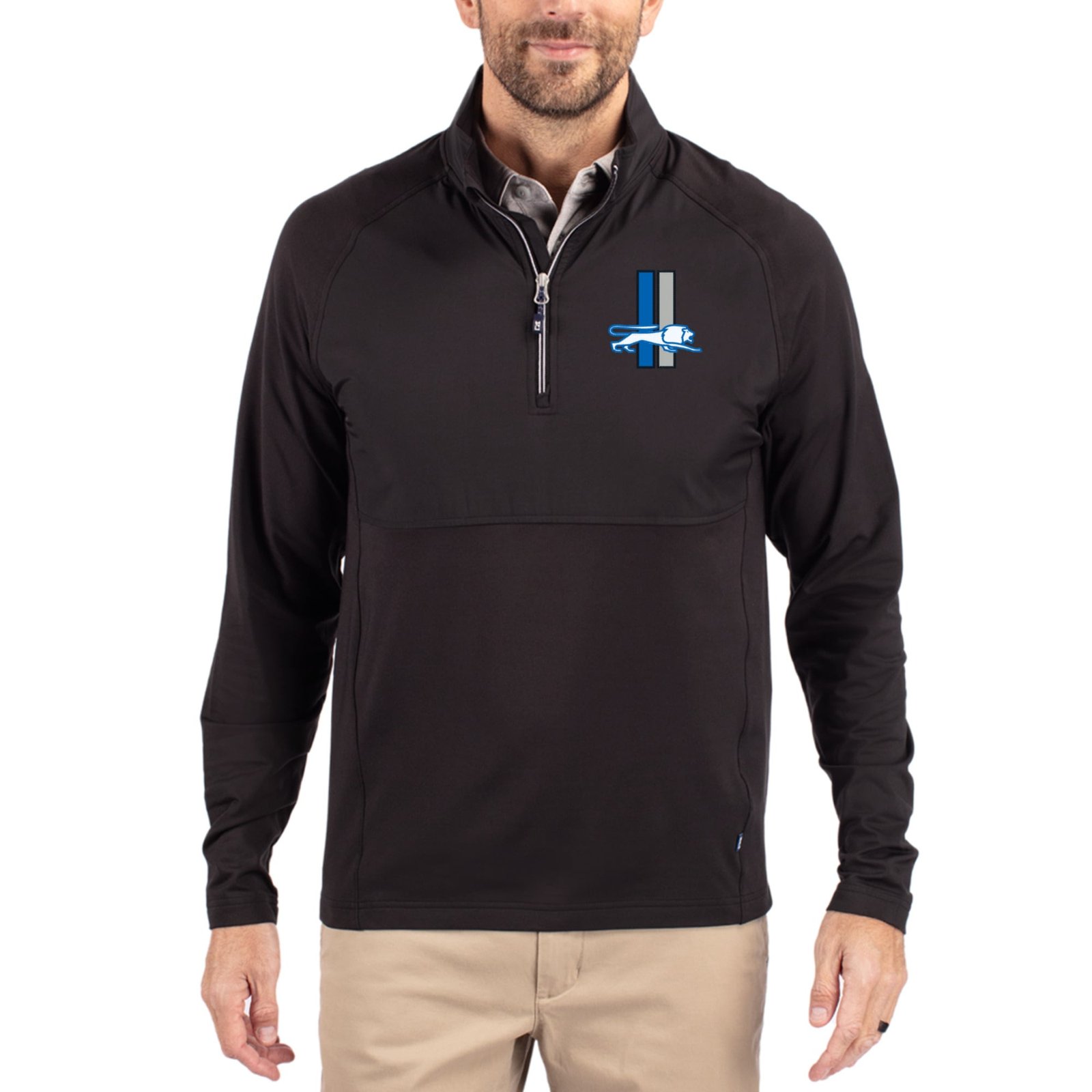 Men’s Cutter & Buck Black Detroit Lions Adapt Eco Knit Hybrid Recycled Quarter-Zip Throwback Pullover Top Men’s Cutter & Buck Black Detroit Lions Adapt Eco Knit Hybrid Recycled Quarter-Zip Throwback Pullover Top