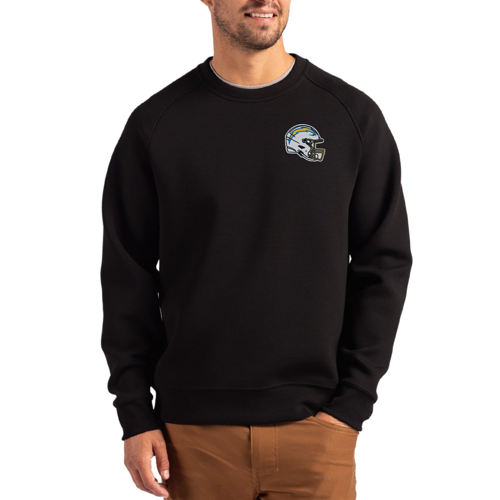 Men’s Cutter & Buck Black Los Angeles Chargers Helmet Roam Recycled Raglan Pullover Sweatshirt