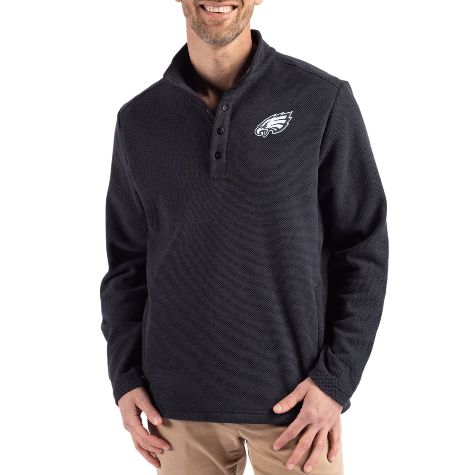 Men’s Cutter & Buck Black Philadelphia Eagles Hunts Point Eco Textured Fleece Recycled Half-Snap Sweatshirt