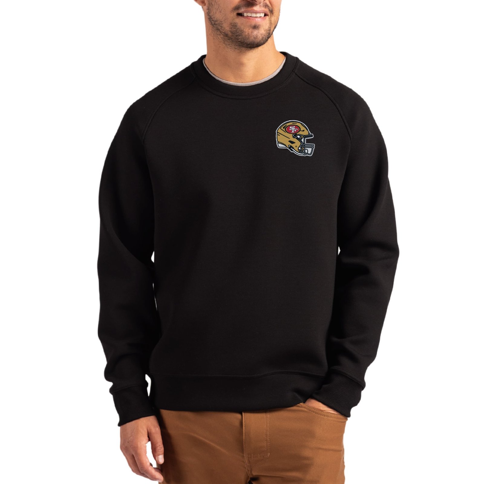 Men’s Cutter & Buck Black San Francisco 49ers Helmet Roam Recycled Raglan Pullover Sweatshirt