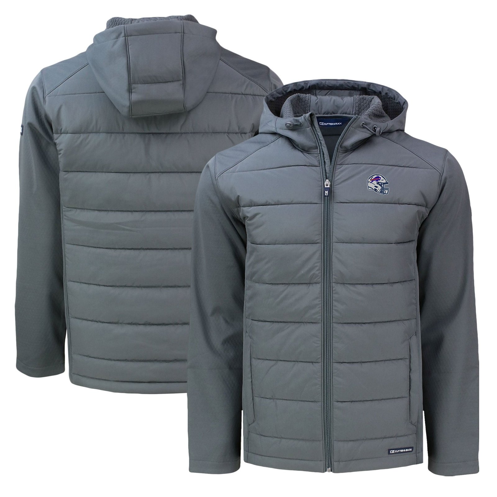 Men’s Cutter & Buck Gray Buffalo Bills Helmet Evoke Hybrid Eco Softshell Recycled Full-Zip Hoodie Jacket
