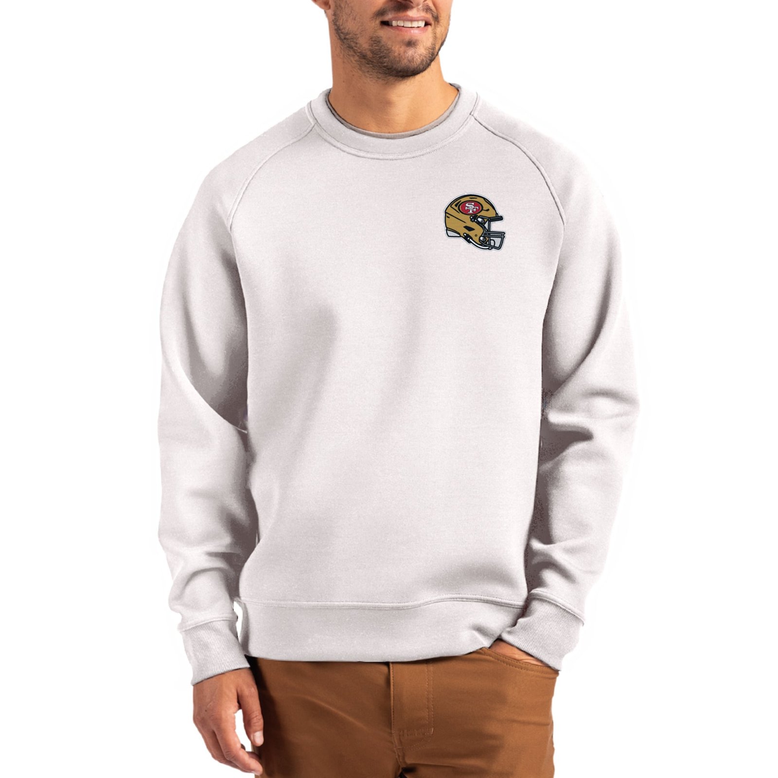 Men’s Cutter & Buck Gray San Francisco 49ers Helmet Roam Recycled Raglan Pullover Sweatshirt