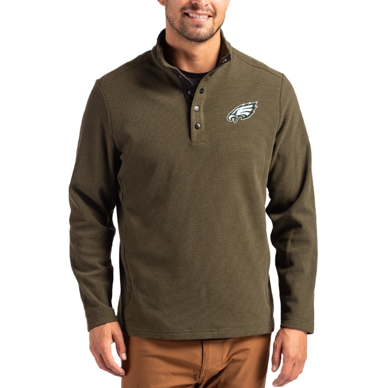 Men’s Cutter & Buck Green Philadelphia Eagles Hunts Point Eco Textured Fleece Recycled Half-Snap Sweatshirt