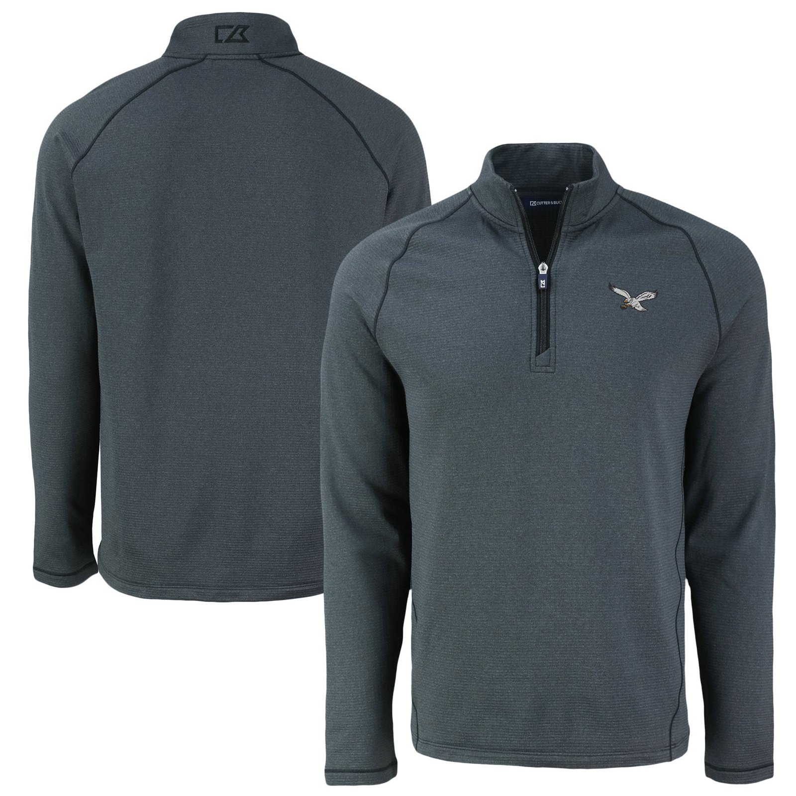 Men’s Cutter & Buck Heather Black Philadelphia Eagles Peshastin Eco Fleece Tri-Blend Raglan Recycled Quarter-Zip Jacket