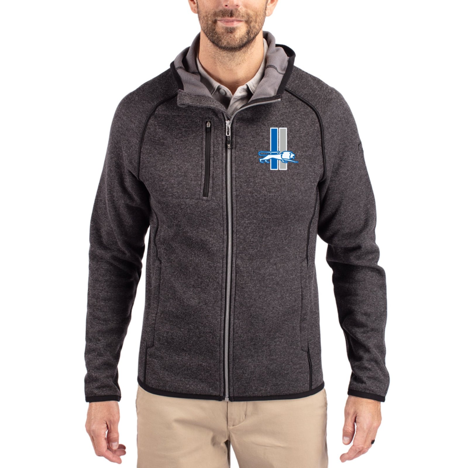 Men’s Cutter & Buck Heather Charcoal Detroit Lions Throwback Mainsail Sweater-Knit Full-Zip Hoodie