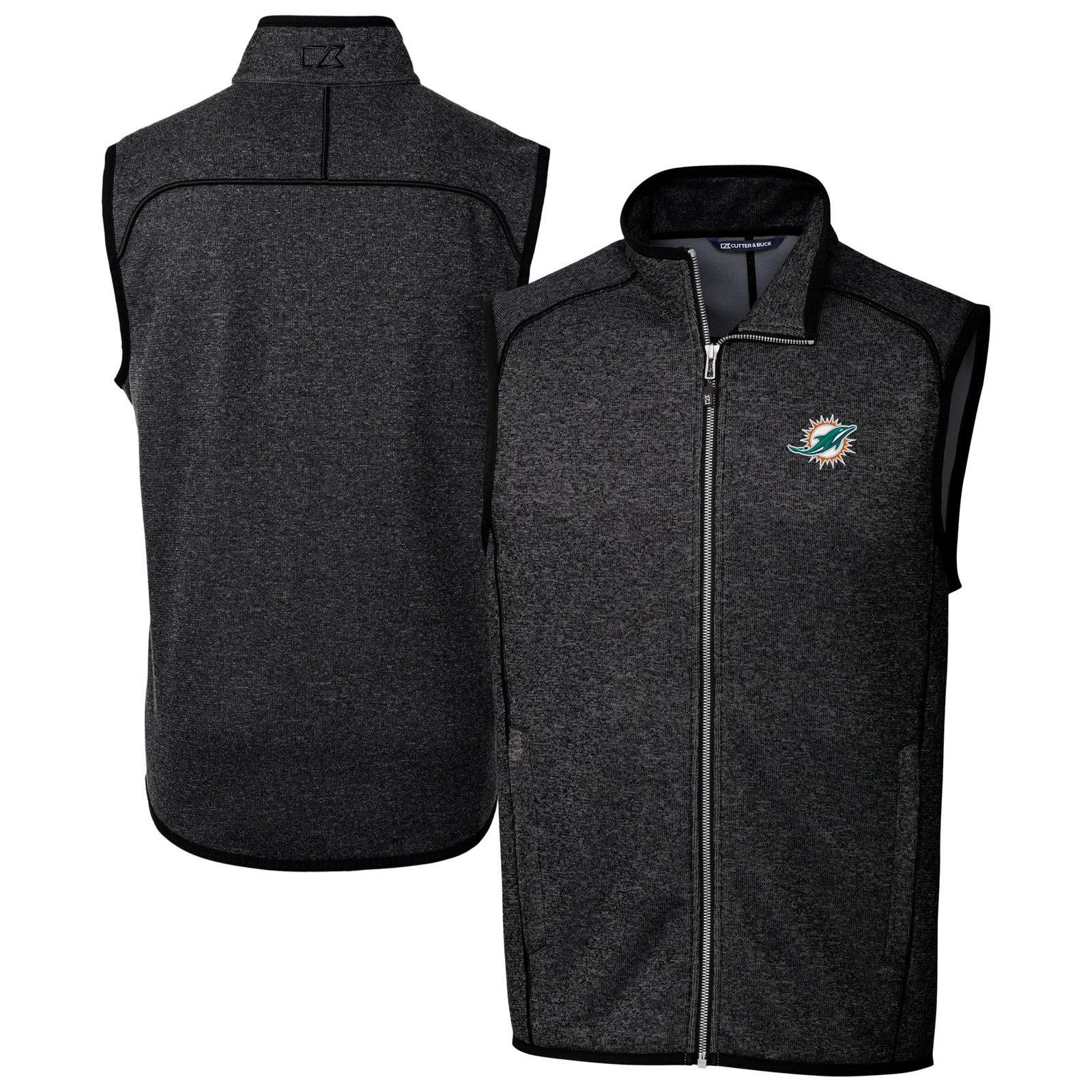 Men’s Cutter & Buck Heather Charcoal Miami Dolphins Big & Tall Mainsail Sweater-Knit Full-Zip Vest