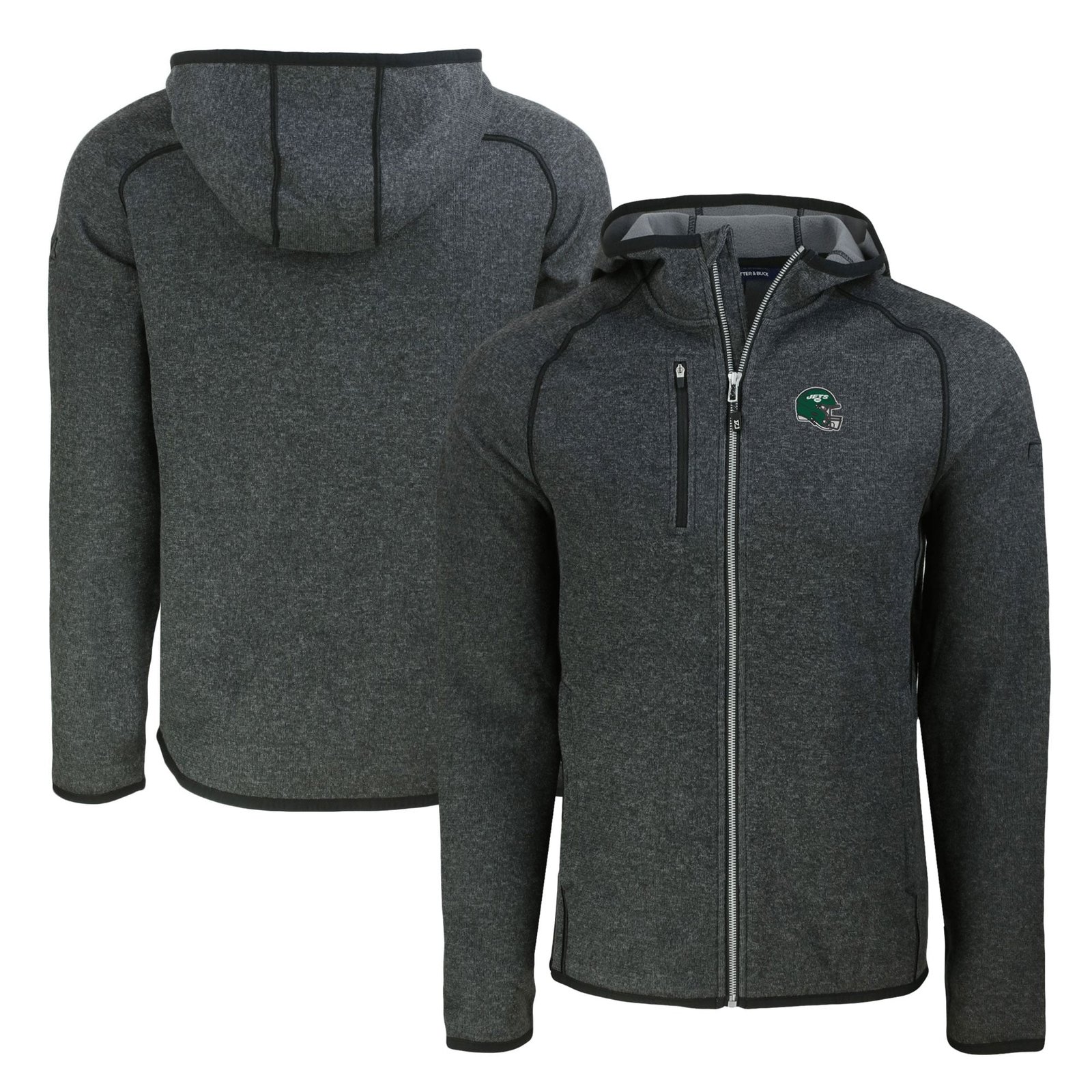 Men’s Cutter & Buck Heather Charcoal New York Jets Helmet Mainsail Sweater-Knit Full-Zip Hoodie