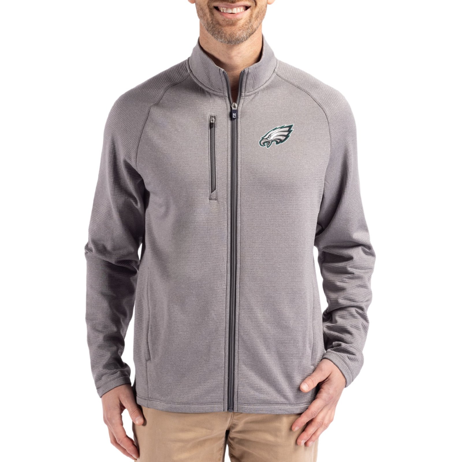 Men’s Cutter & Buck Heather Gray Philadelphia Eagles Peshastin Eco Fleece Recycled Raglan Tri-Blend Full-Zip Jacket