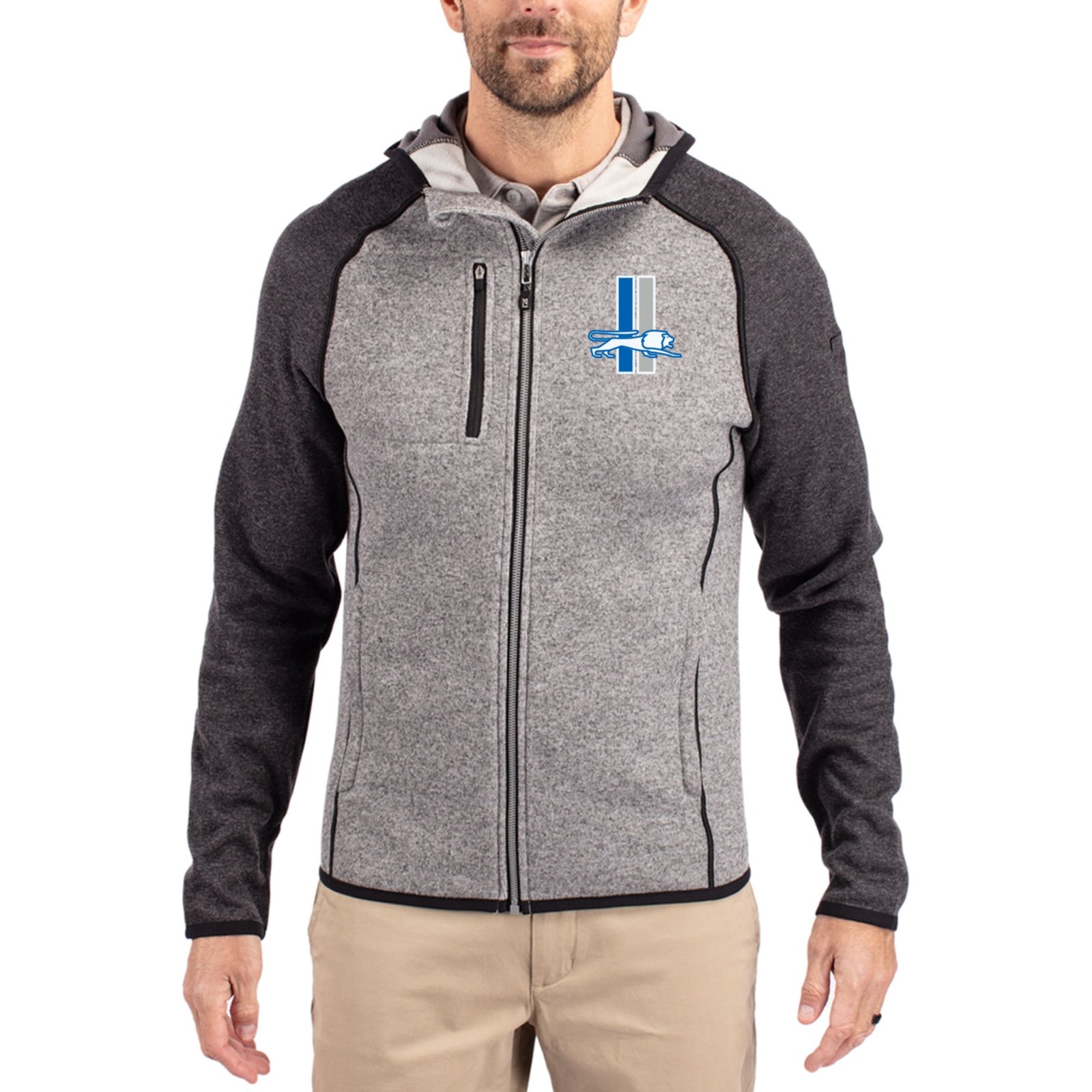 Men’s Cutter & Buck Heather Gray/Heather Charcoal Detroit Lions Throwback Mainsail Sweater-Knit Full-Zip Hoodie