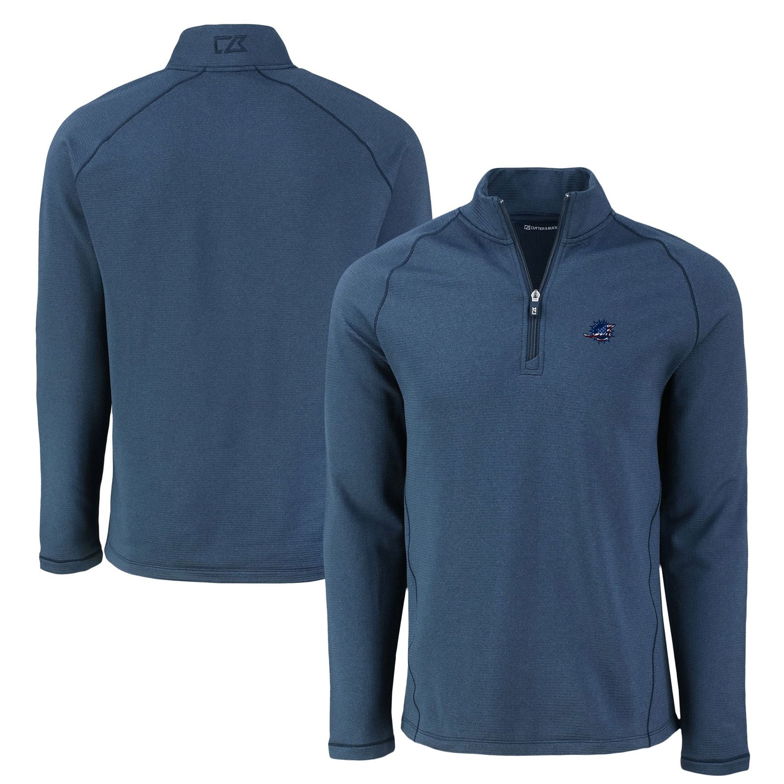 Men’s Cutter & Buck Heather Navy Miami Dolphins Peshastin Eco Fleece Tri-Blend Raglan Recycled Quarter-Zip Jacket