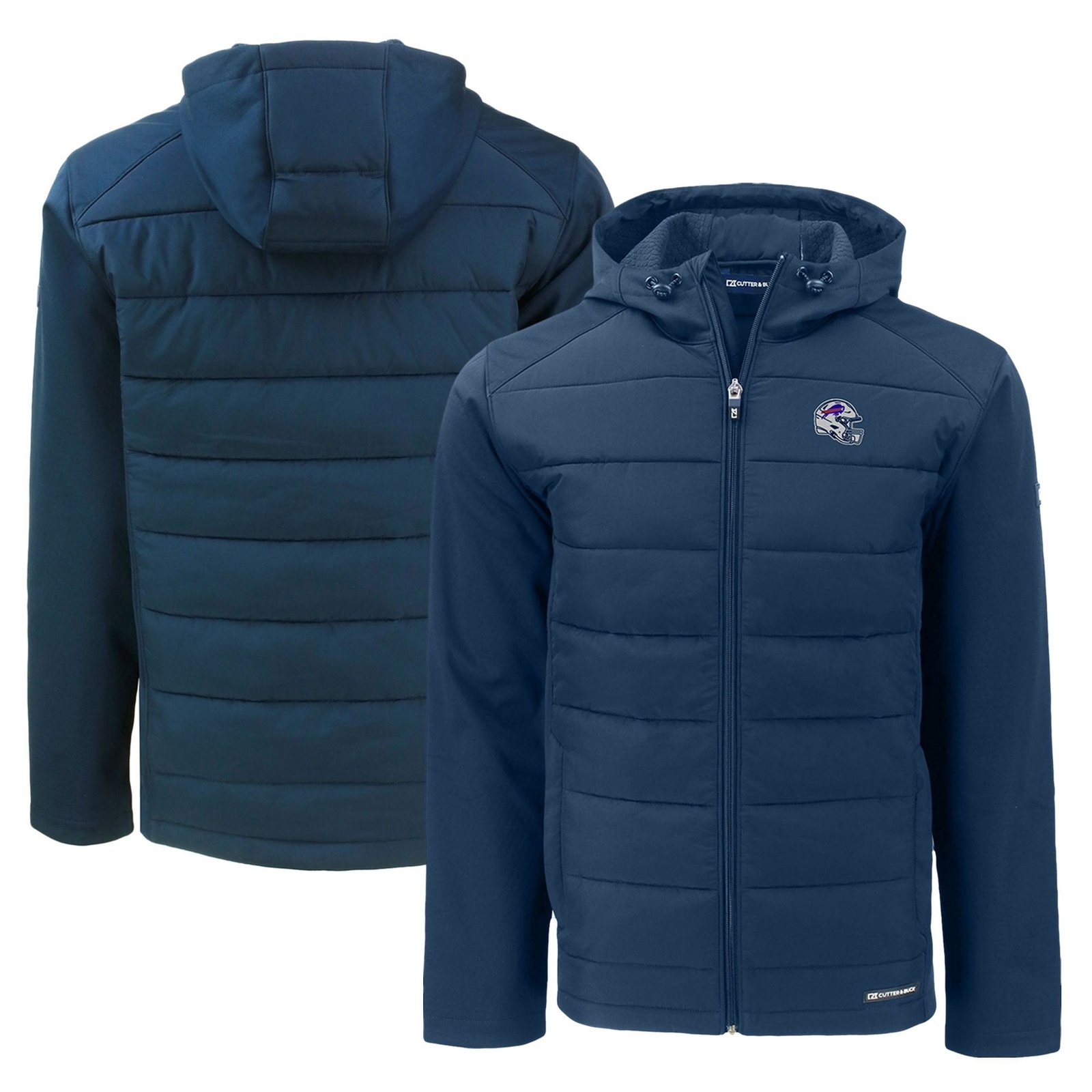 Men’s Cutter & Buck Navy Buffalo Bills Helmet Evoke Hybrid Eco Softshell Recycled Full-Zip Hoodie Jacket