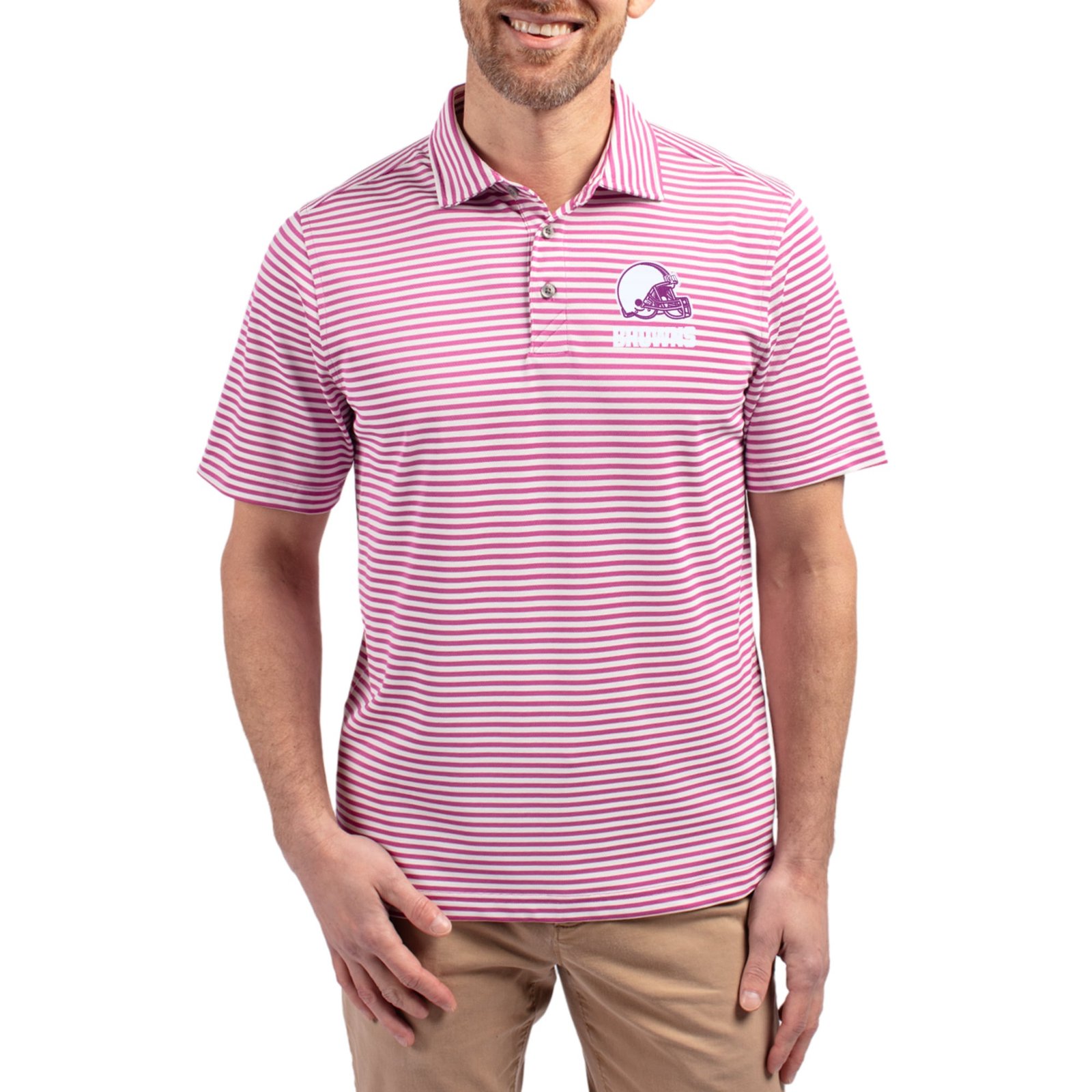 Men’s Cutter & Buck Pink Cleveland Browns Virtue Eco Pique Stripe Recycled Polo