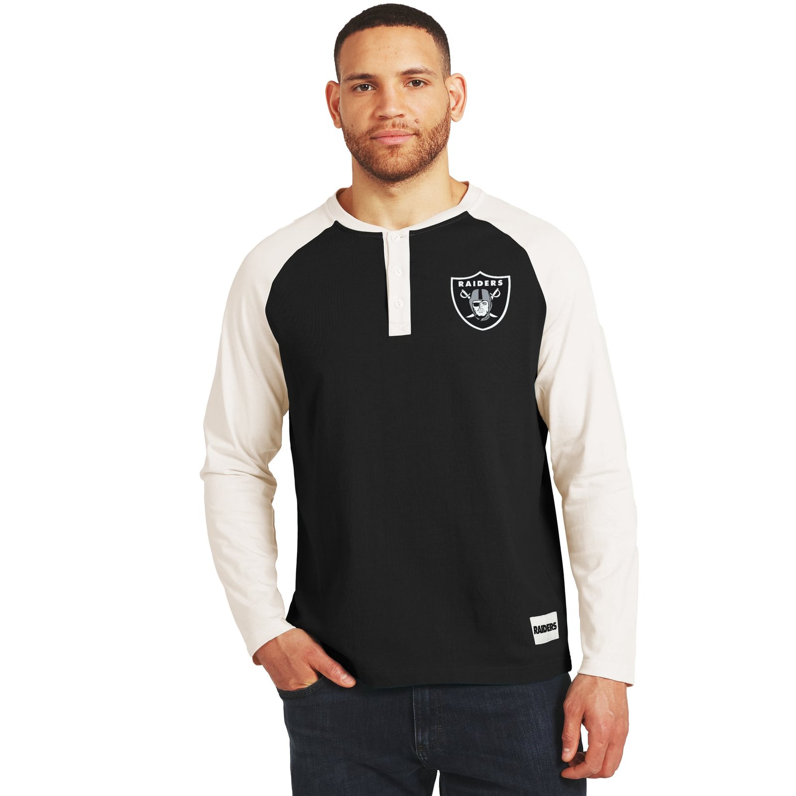 Men’s Darius Rucker Collection by Fanatics Black/Cream Las Vegas Raiders Henley Long Sleeve T-Shirt