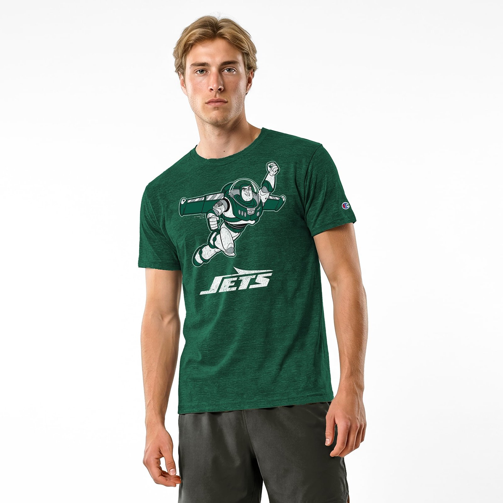 Men’s Disney x Champion Dark Green New York Jets Buzz Lightyear Tri-Blend T-Shirt
