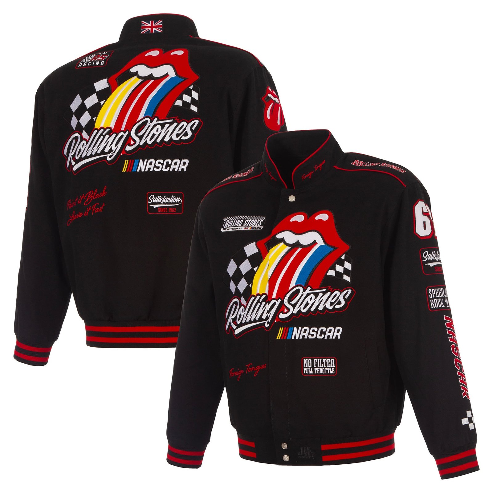 Men’s JH Design Black Rolling Stones x NASCAR Full-Snap Twill Racing Jacket
