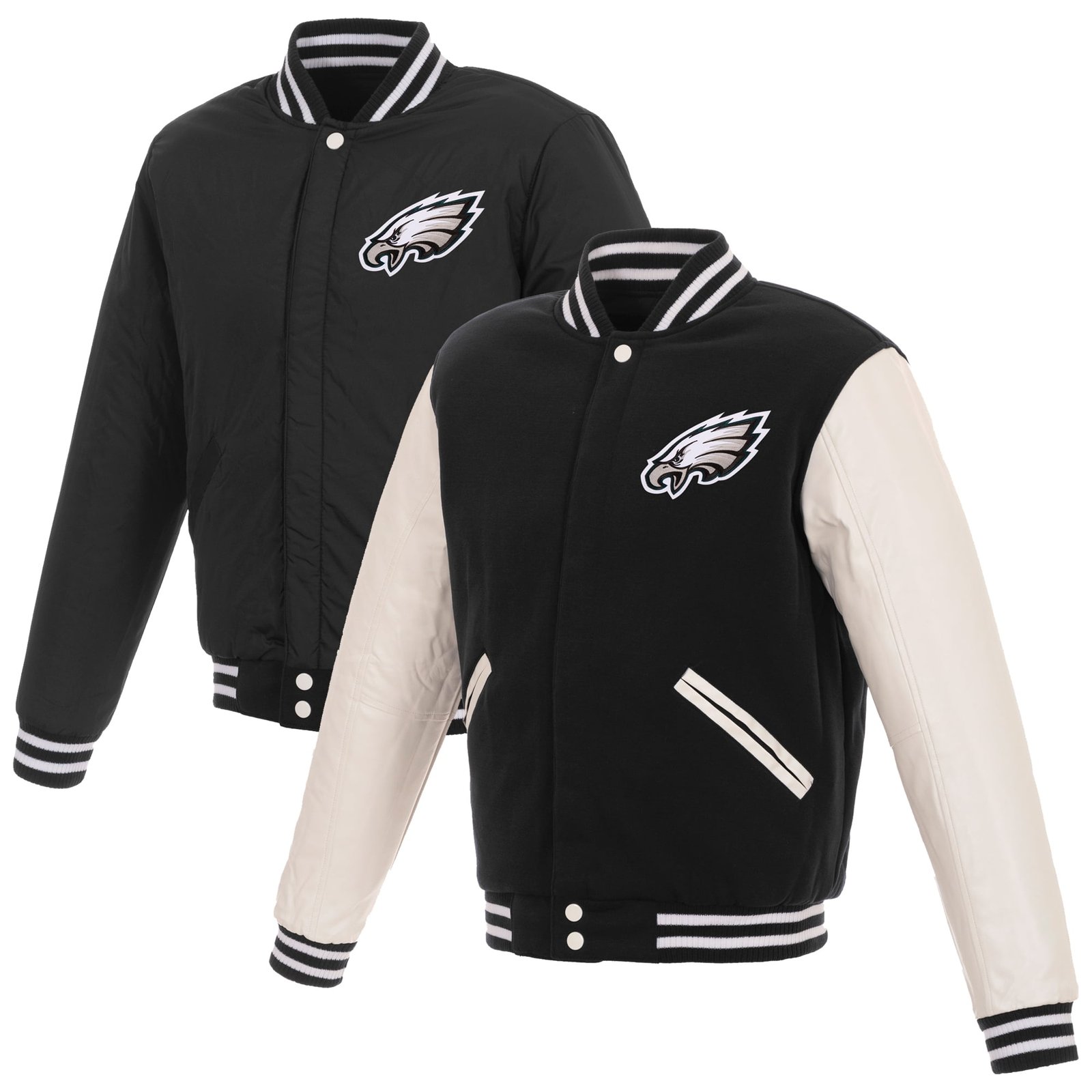 Men’s JH Design Black/White Philadelphia Eagles 19 Mens Reversible Fleece Jacket W/ Faux Leather Sleeves