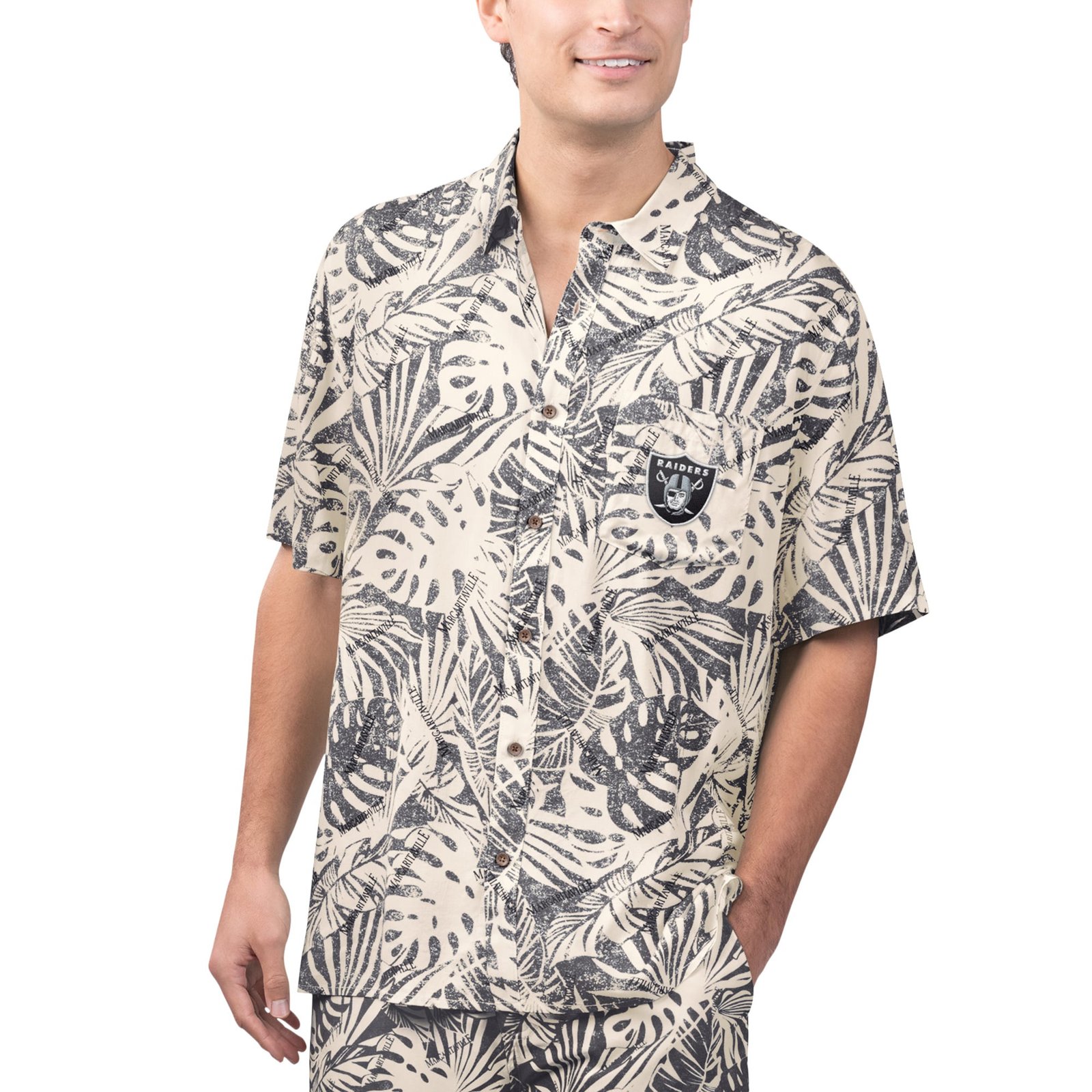 Men’s Margaritaville Tan Las Vegas Raiders Sand Washed Monstera Print Party Button-Up Shirt