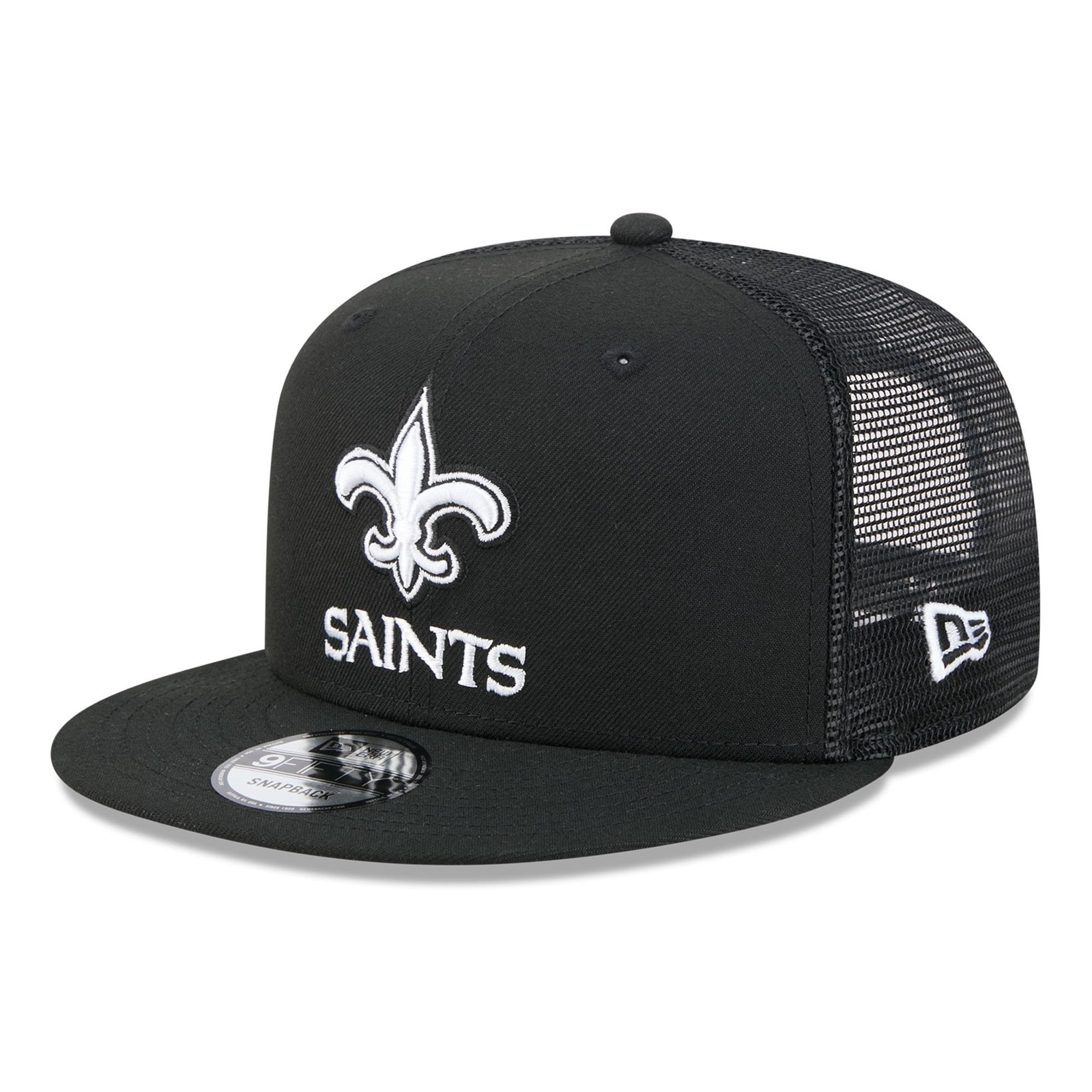 Men’s New Era Black/White New Orleans Saints 9FIFTY Snapback Trucker Hat