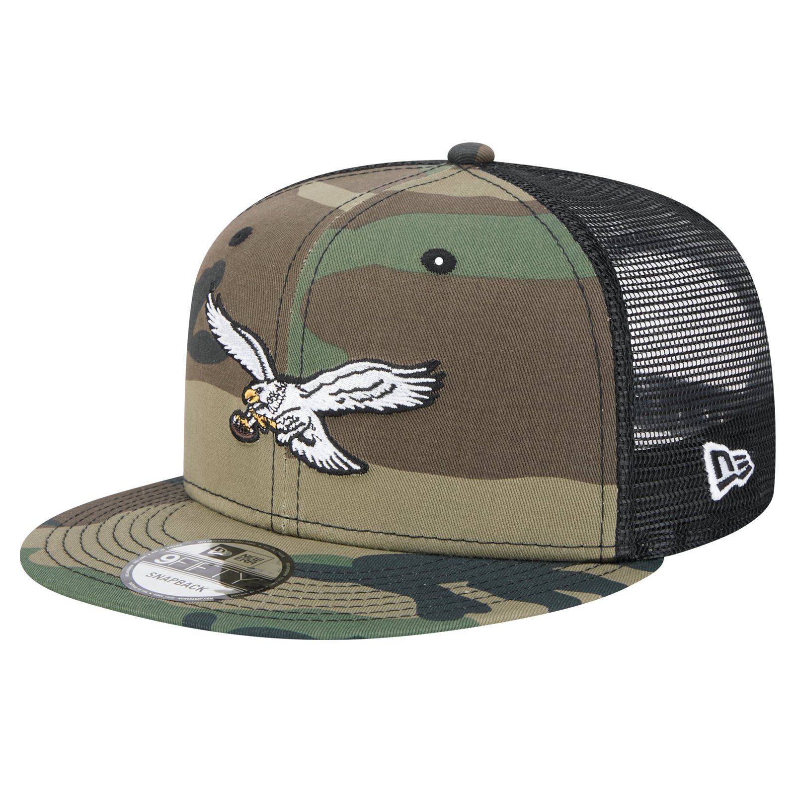 Men’s New Era Camo Philadelphia Eagles Throwback Main Trucker 9FIFTY Snapback Hat