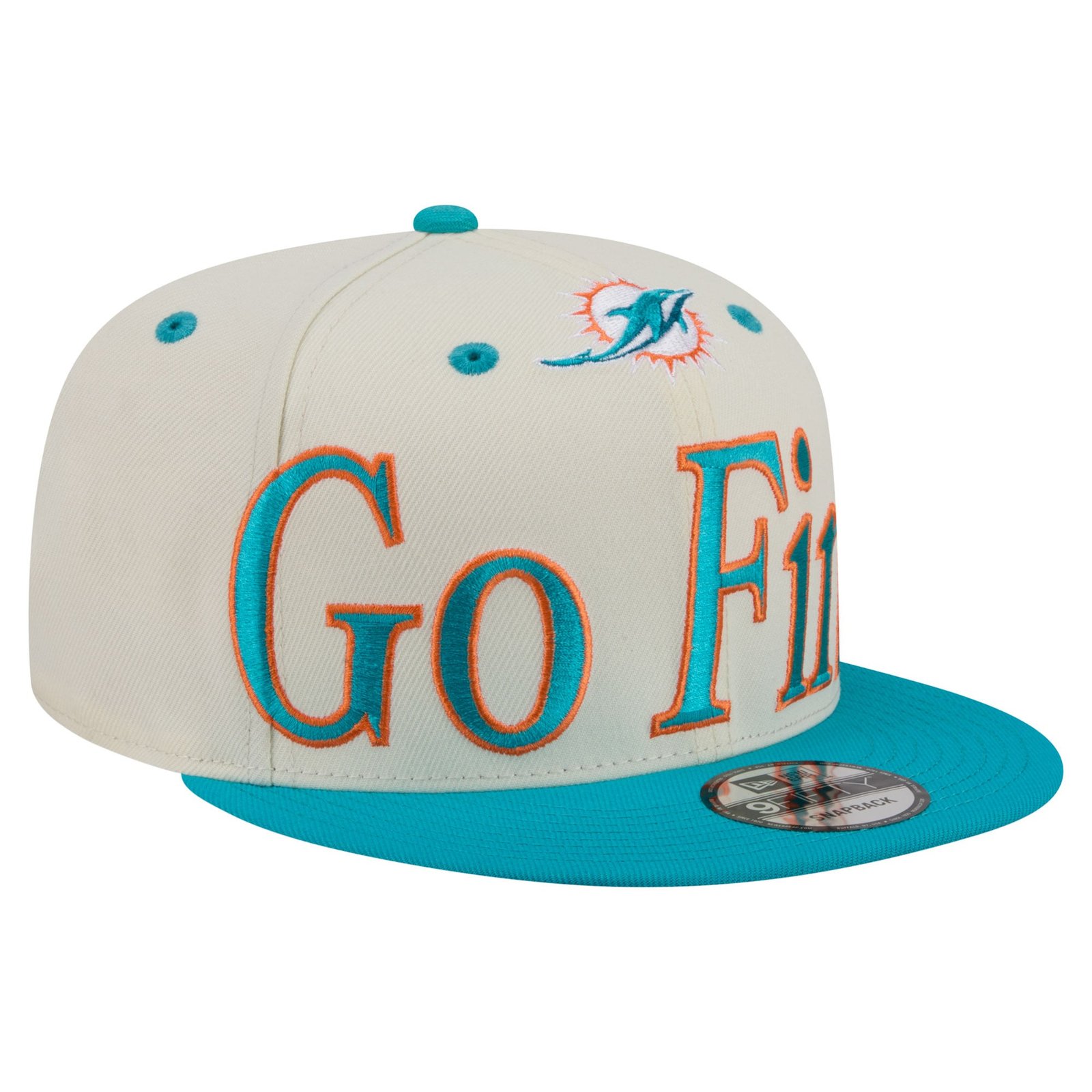 Men’s New Era Cream Miami Dolphins Oversized Slogan 9FIFTY Snapback Hat