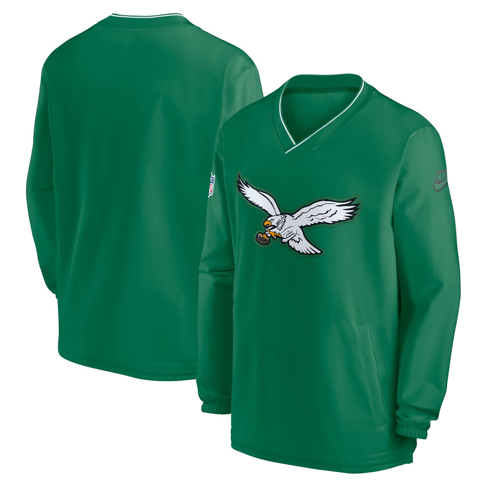 Men’s Nike Kelly Green Philadelphia Eagles 2024 Sideline Throwback Logo Long-Sleeve V-Neck Windshirt