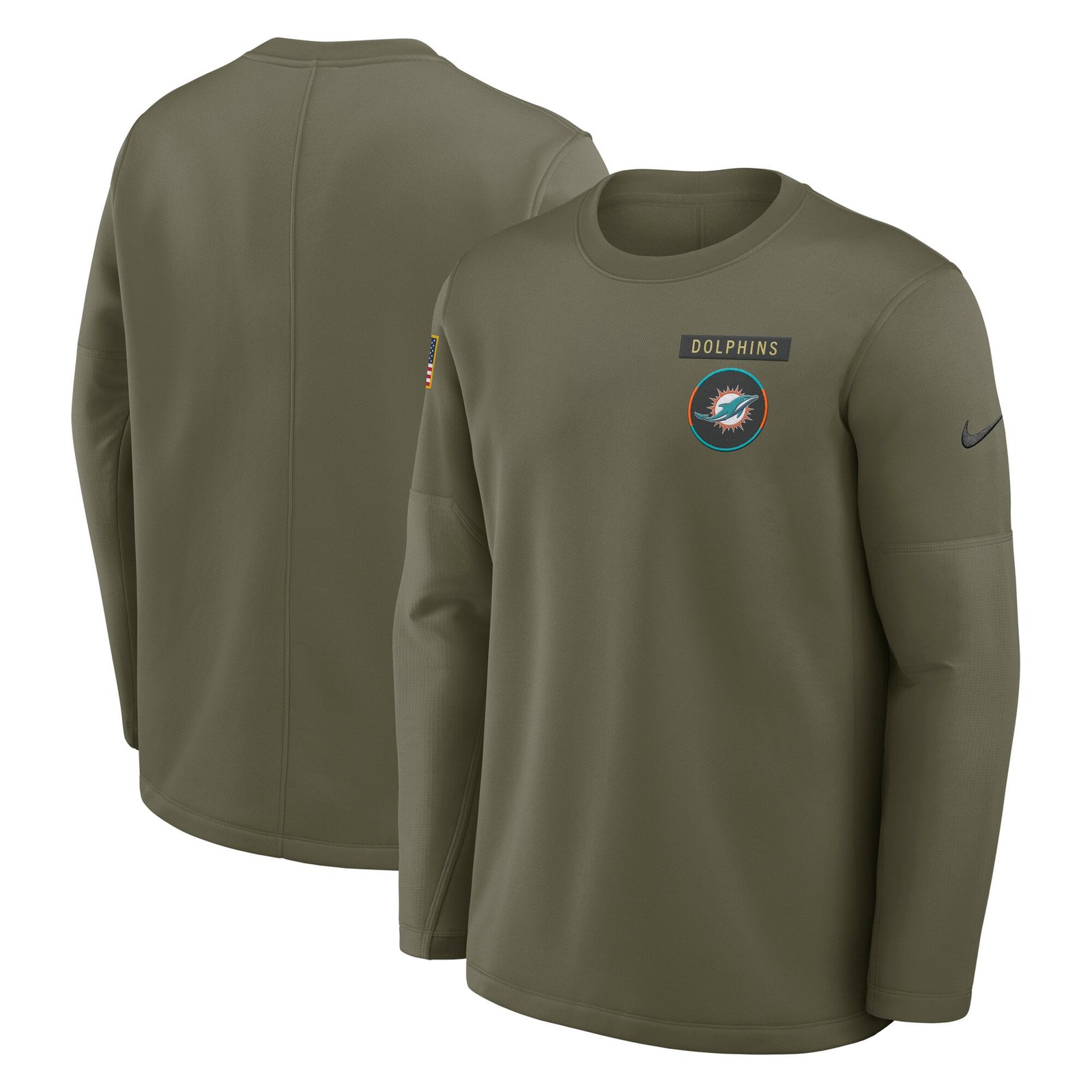 Men’s Nike Olive Miami Dolphins 2025 Salute to Service Sideline Coaches Therma-FIT Long Sleeve Shirt