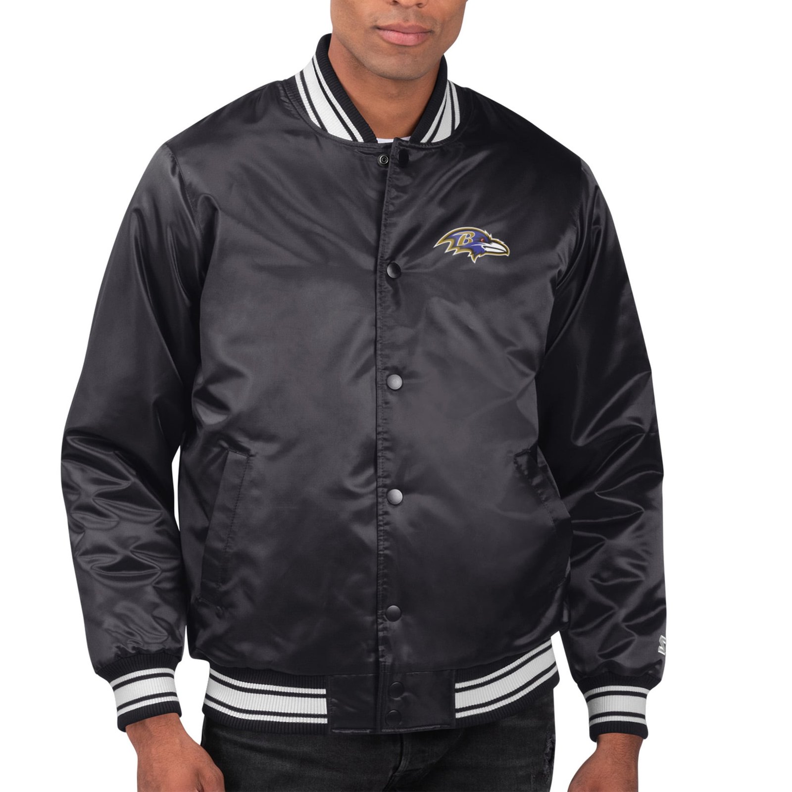 Men’s Starter Black Baltimore Ravens Printed Team Logo Satin Varsity Full-Snap Jacket