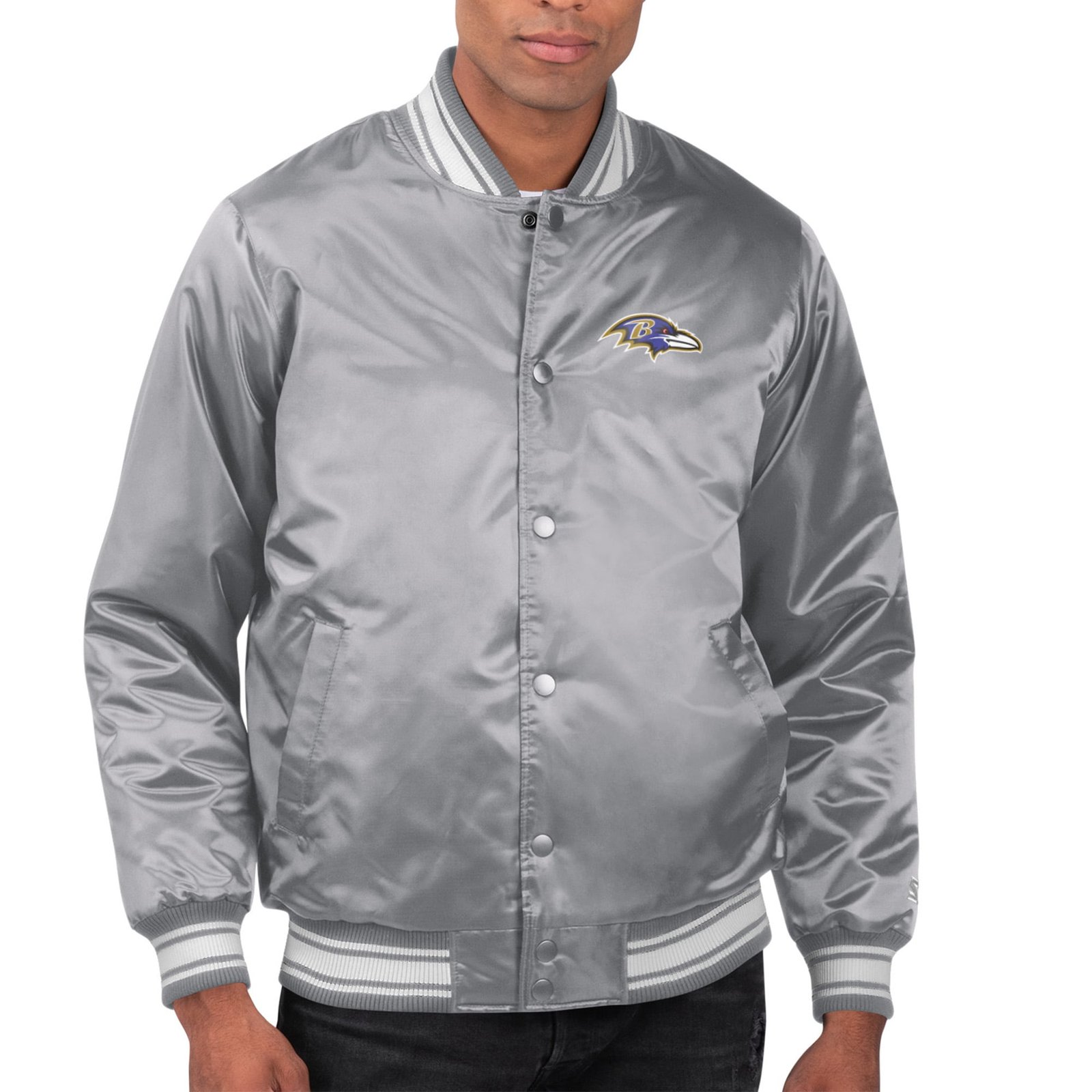 Men’s Starter Gray Baltimore Ravens Printed Team Logo Satin Varsity Full-Snap Jacket
