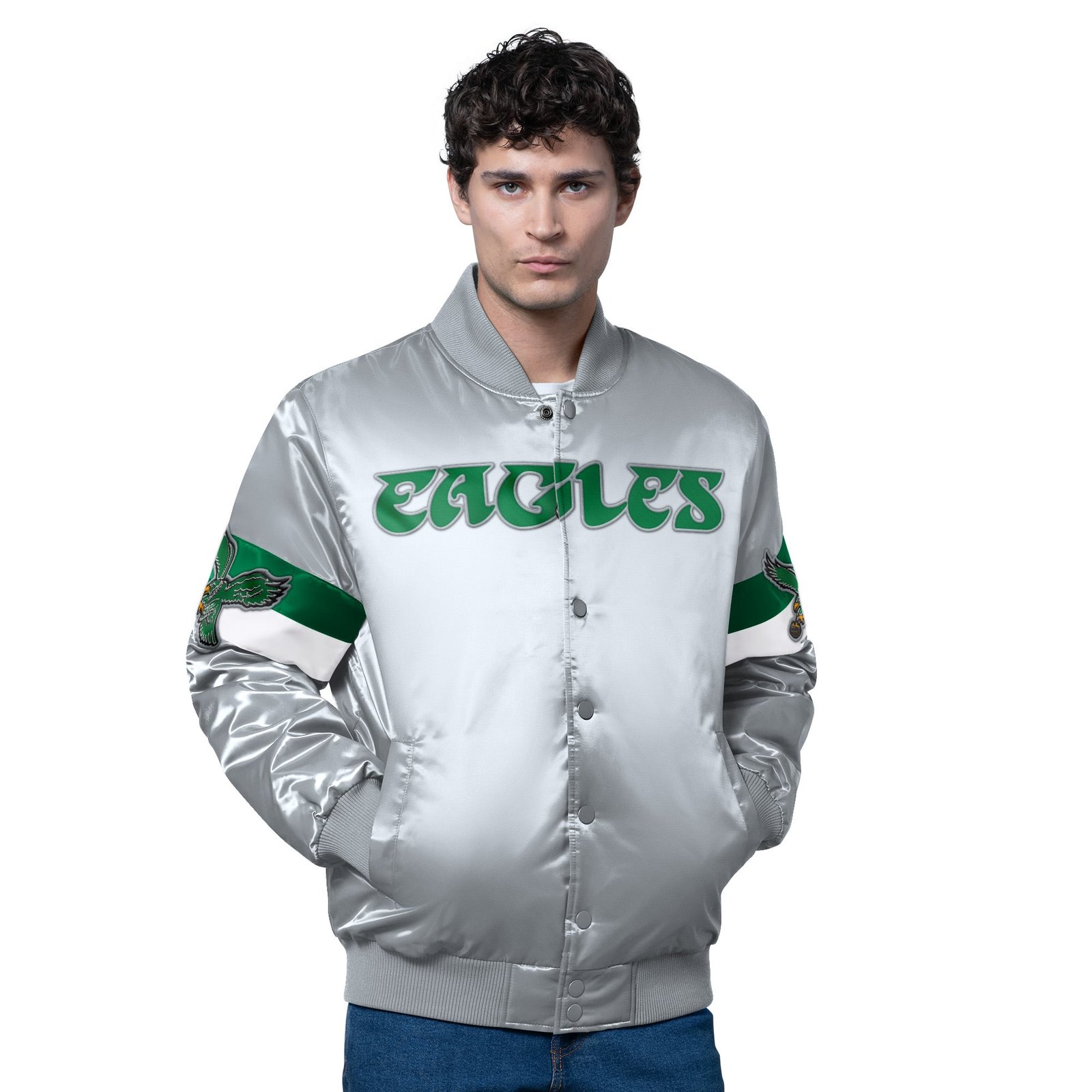 Men’s Starter Silver Philadelphia Eagles Triple Option Satin Varsity Vintage Logo Full-Snap Jacket