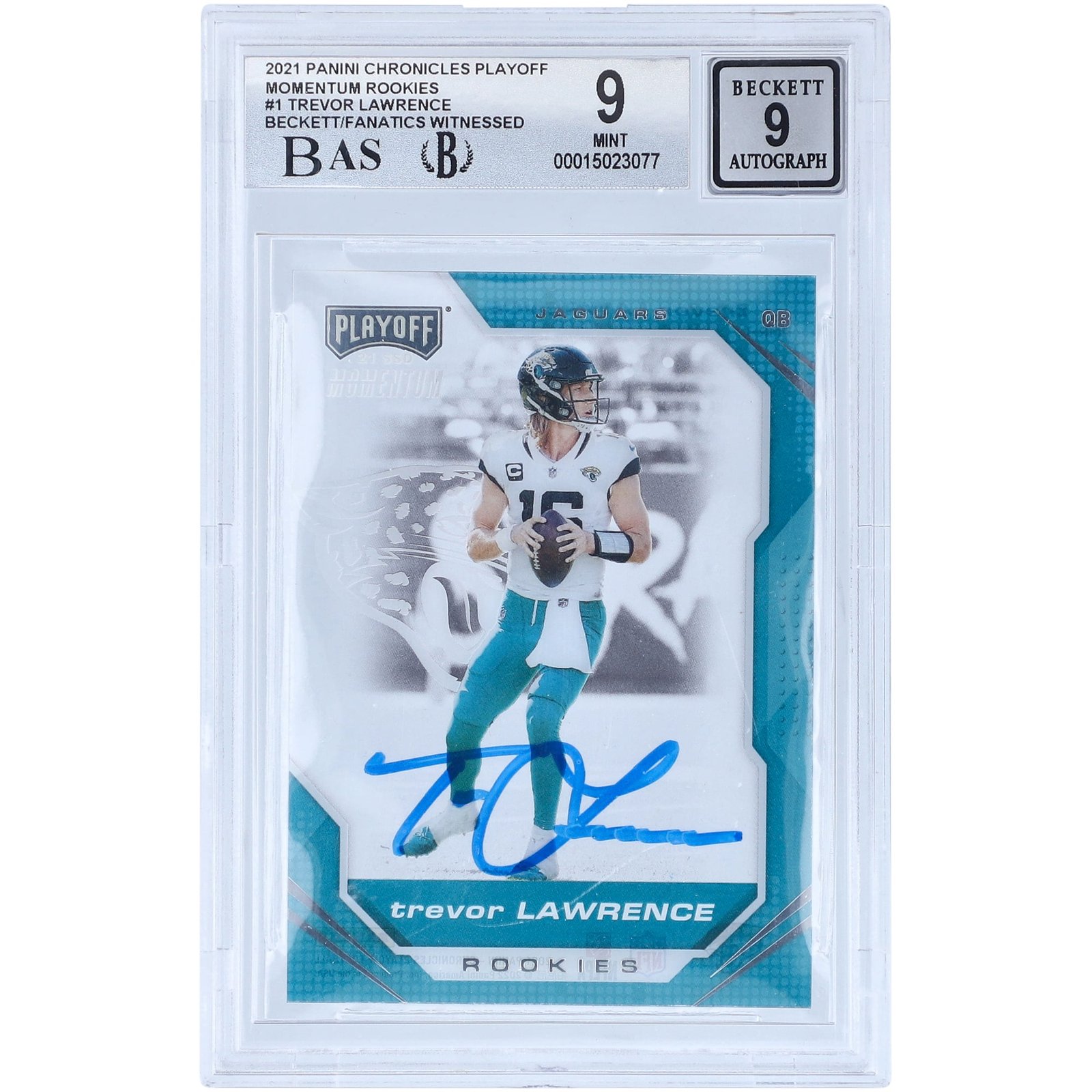 Panini America Trevor Lawrence Jacksonville Jaguars Autographed 2021 Panini Chronicles Playoff Momentum #PMR-1 Beckett Fanatics Witnessed Authenticated 9/9 Rookie Card – Centering 9 Corners 9 Edges 9 Surface 8.5