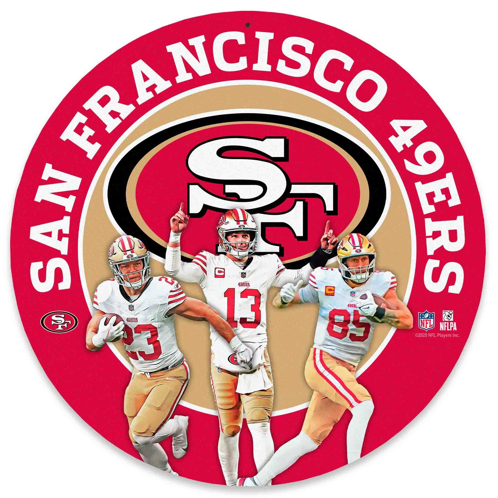 San Francisco 49ers Brock Purdy, Christian McCaffrey & George Kittle Team Stars 11″ Round Metal Sign