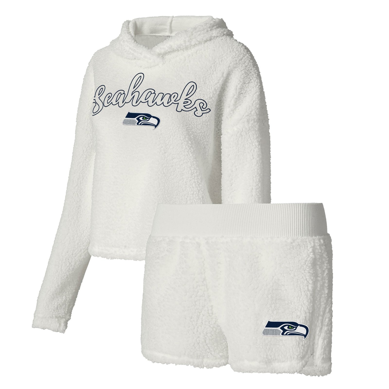 Women’s Concepts Sport White Seattle Seahawks Fluffy Pullover Sweatshirt & Shorts Sleep Set