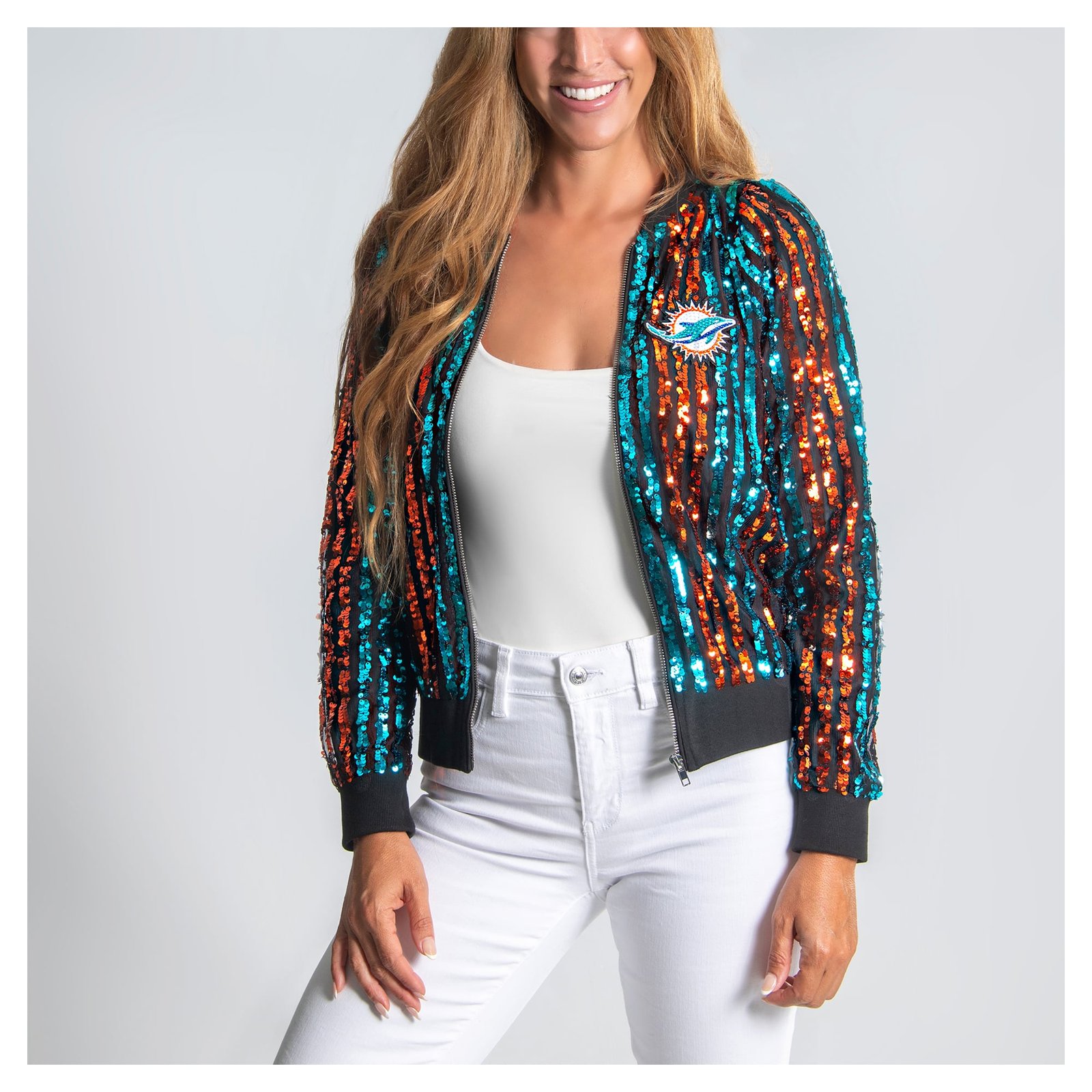 Women’s FABGATING by Cuce Aqua Miami Dolphins Slim Fit Sequin Striped Full-Zip Bomber Jacket