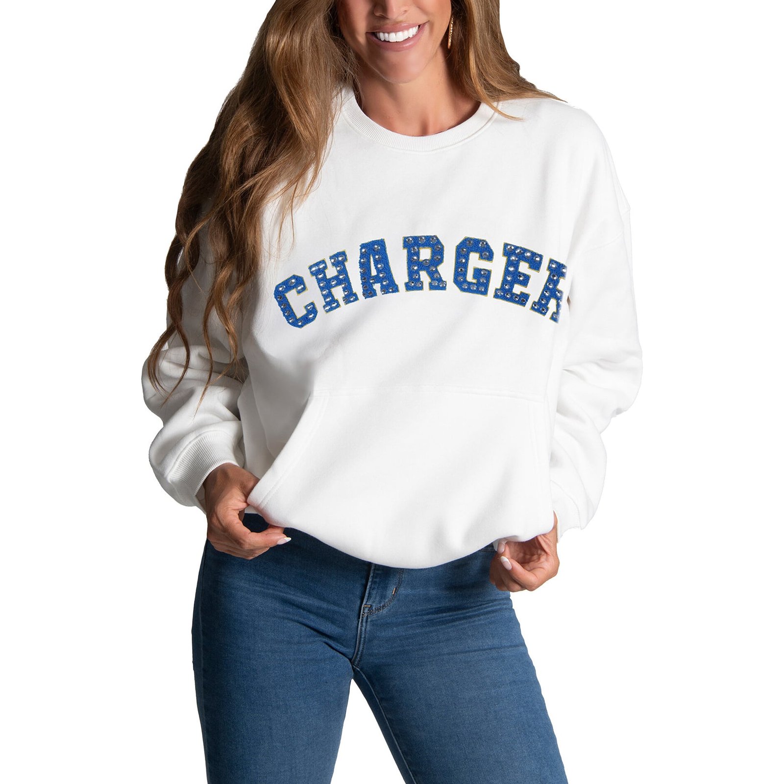 Women’s Cuce White Los Angeles Chargers Chenille Jeweled Sweatshirt