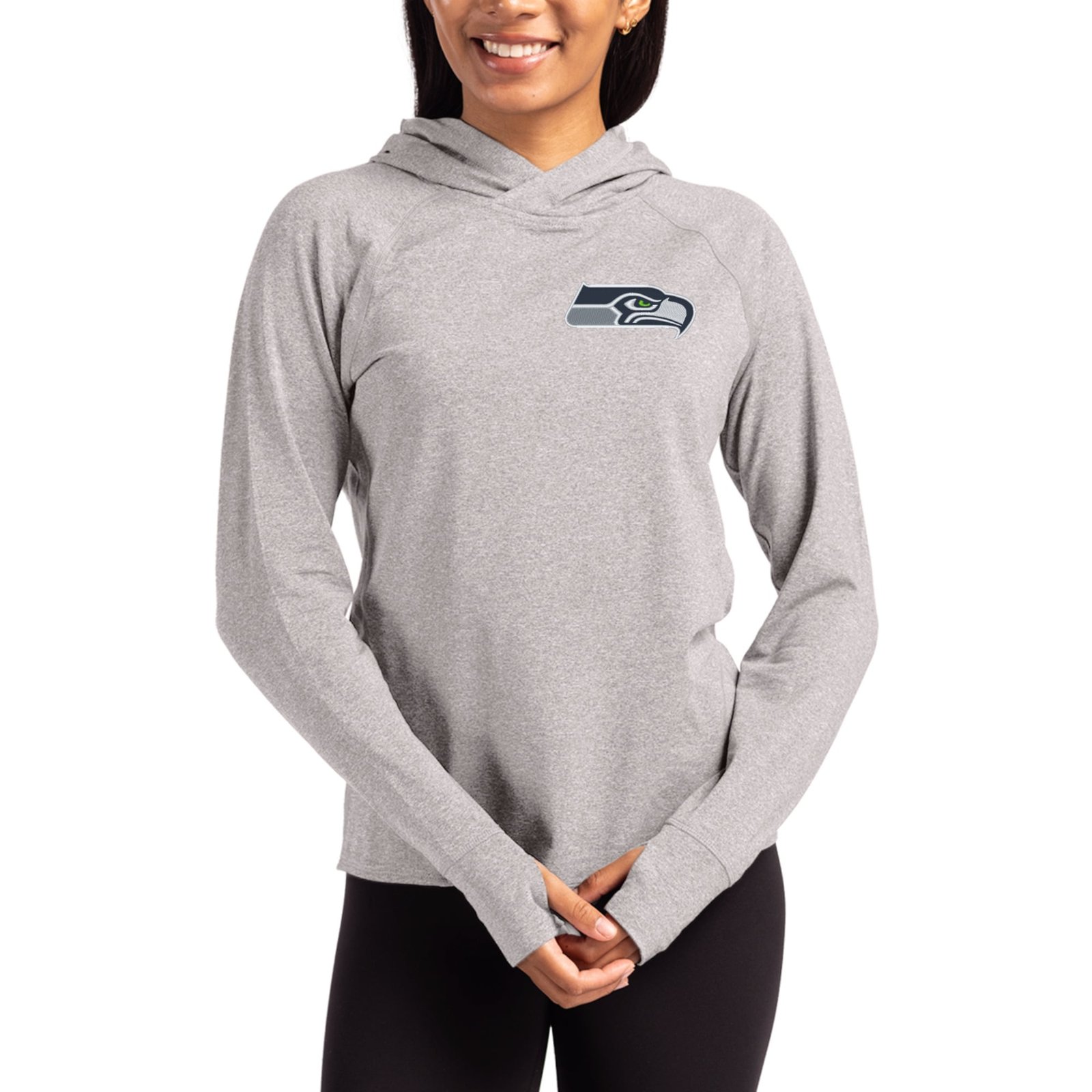 Women’s Cutter & Buck Heather Gray Seattle Seahawks Primary Logo Adapt Knit Recycled Raglan Pullover Hoodie