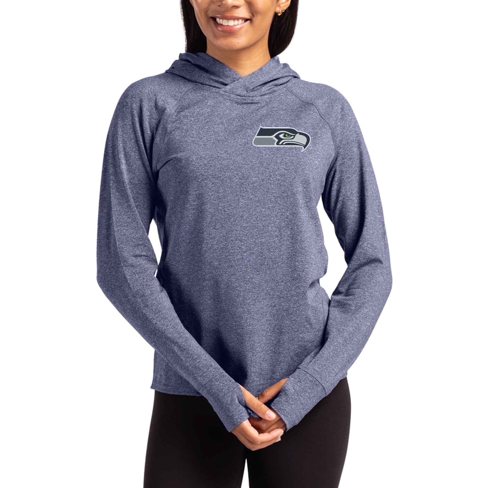 Women’s Cutter & Buck Heather Navy Seattle Seahawks Primary Logo Adapt Knit Recycled Raglan Pullover Hoodie