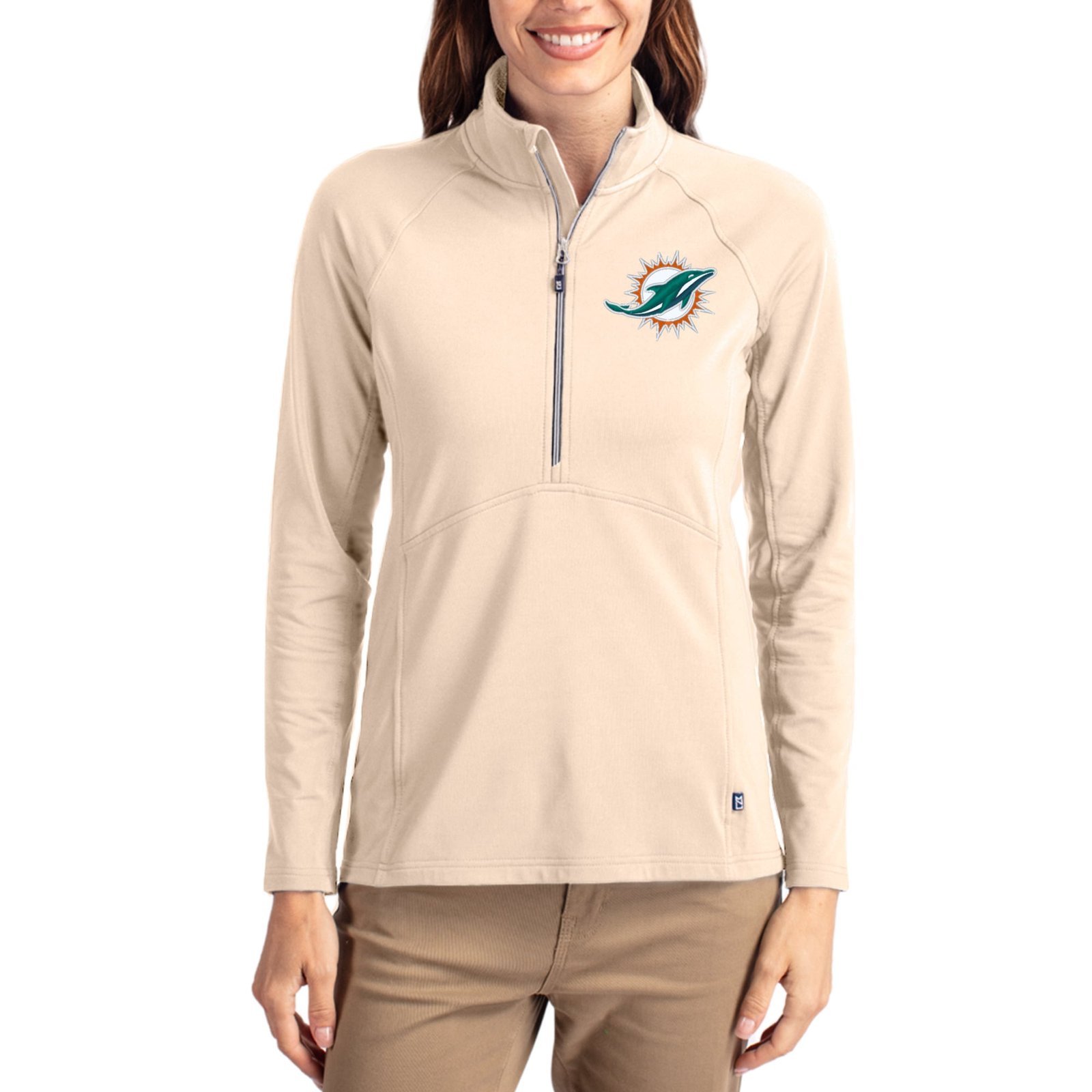 Women’s Cutter & Buck Tan Miami Dolphins Adapt Eco Knit Stretch Recycled Raglan Half-Zip Pullover